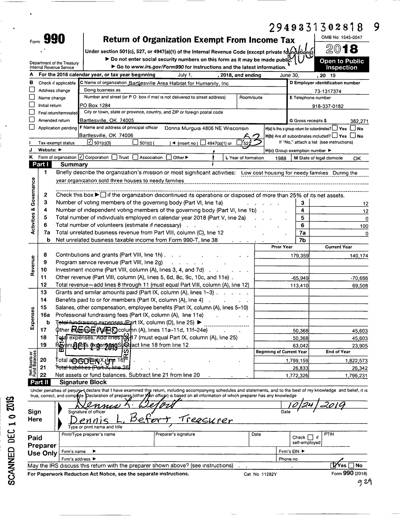 Image of first page of 2018 Form 990 for Habitat for Humanity - Bartlesville Area Habitat for Humanity