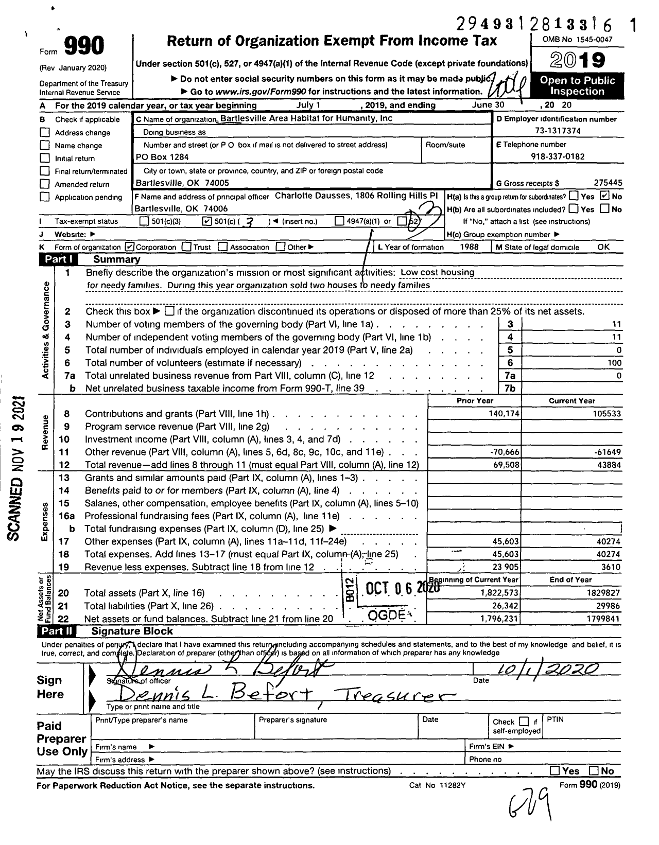 Image of first page of 2019 Form 990 for Habitat for Humanity - Bartlesville Area Habitat for Humanity