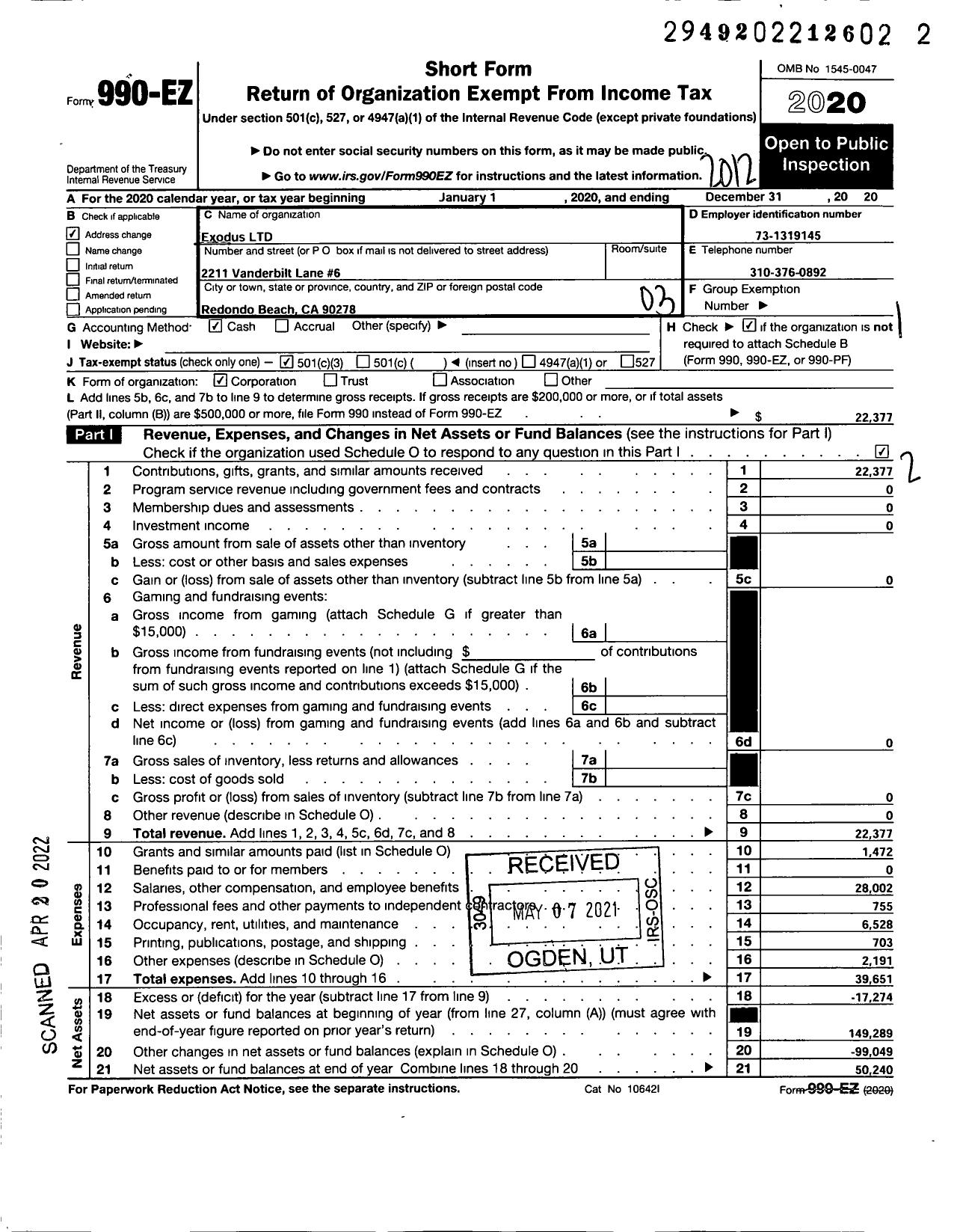 Image of first page of 2020 Form 990EZ for Exodus