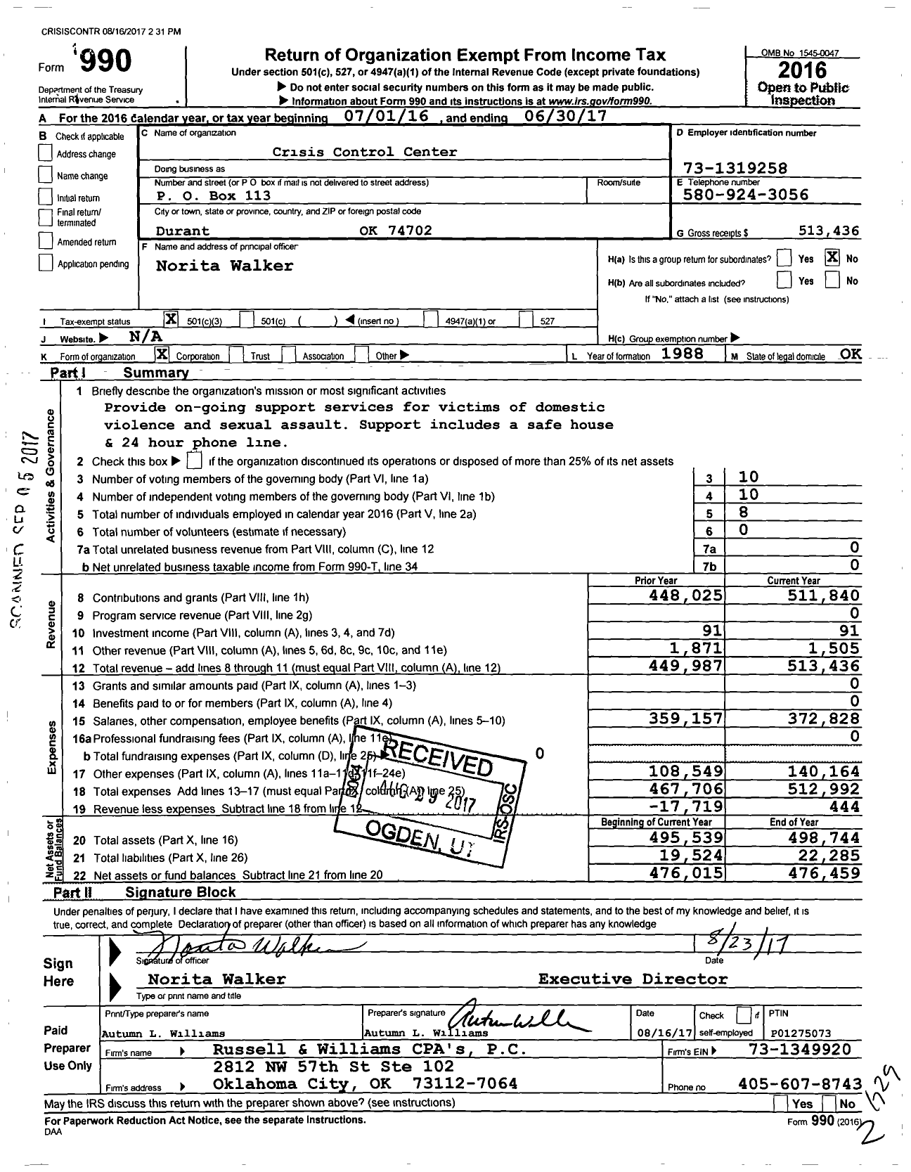 Image of first page of 2016 Form 990 for Crisis Control Center
