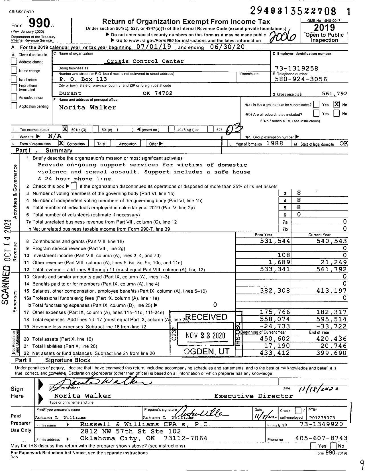 Image of first page of 2019 Form 990 for Crisis Control Center