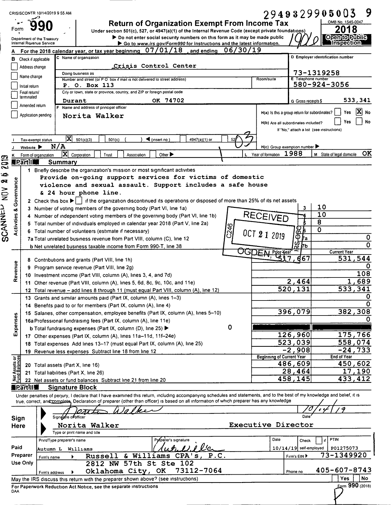 Image of first page of 2018 Form 990 for Crisis Control Center