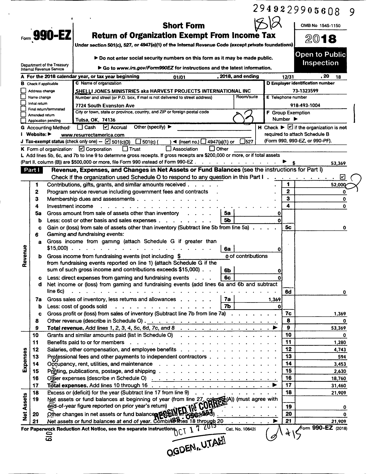 Image of first page of 2018 Form 990EZ for Shelli Jones Ministries