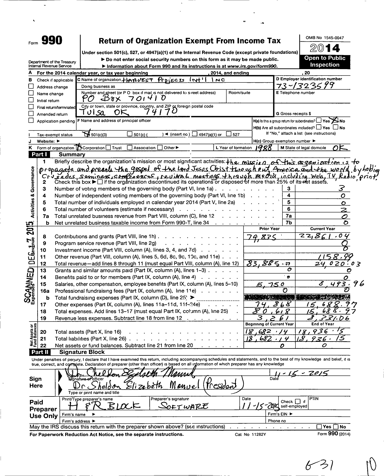 Image of first page of 2014 Form 990 for Shelli Jones Ministries