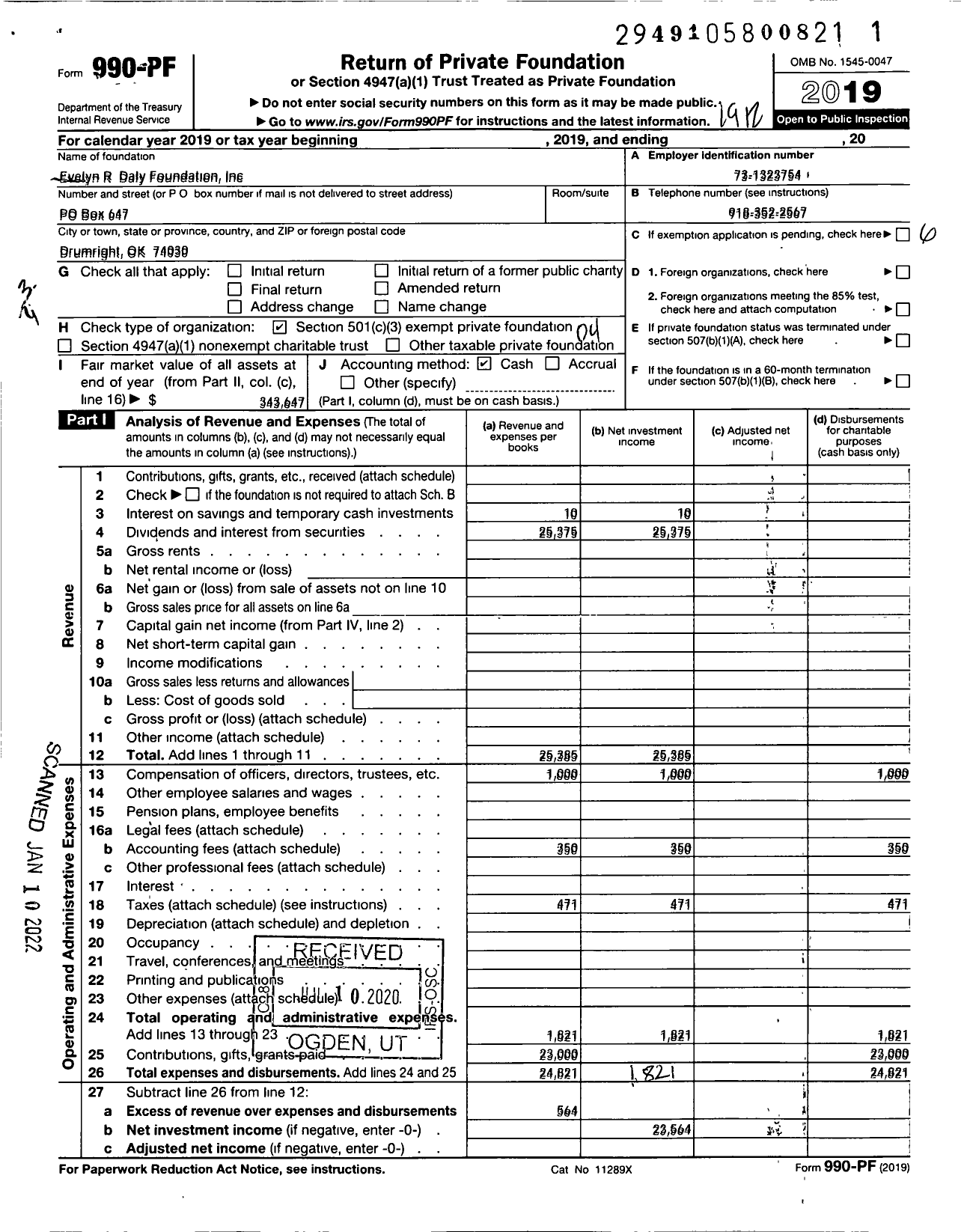 Image of first page of 2019 Form 990PF for Evelyn R Daly Foundation