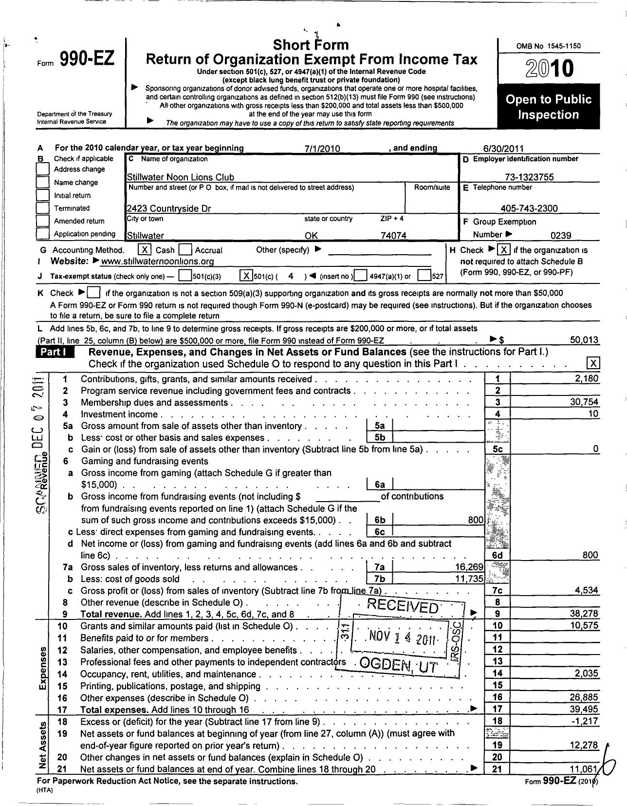 Image of first page of 2010 Form 990EO for Lions Clubs - 1930 Stillwater Noon