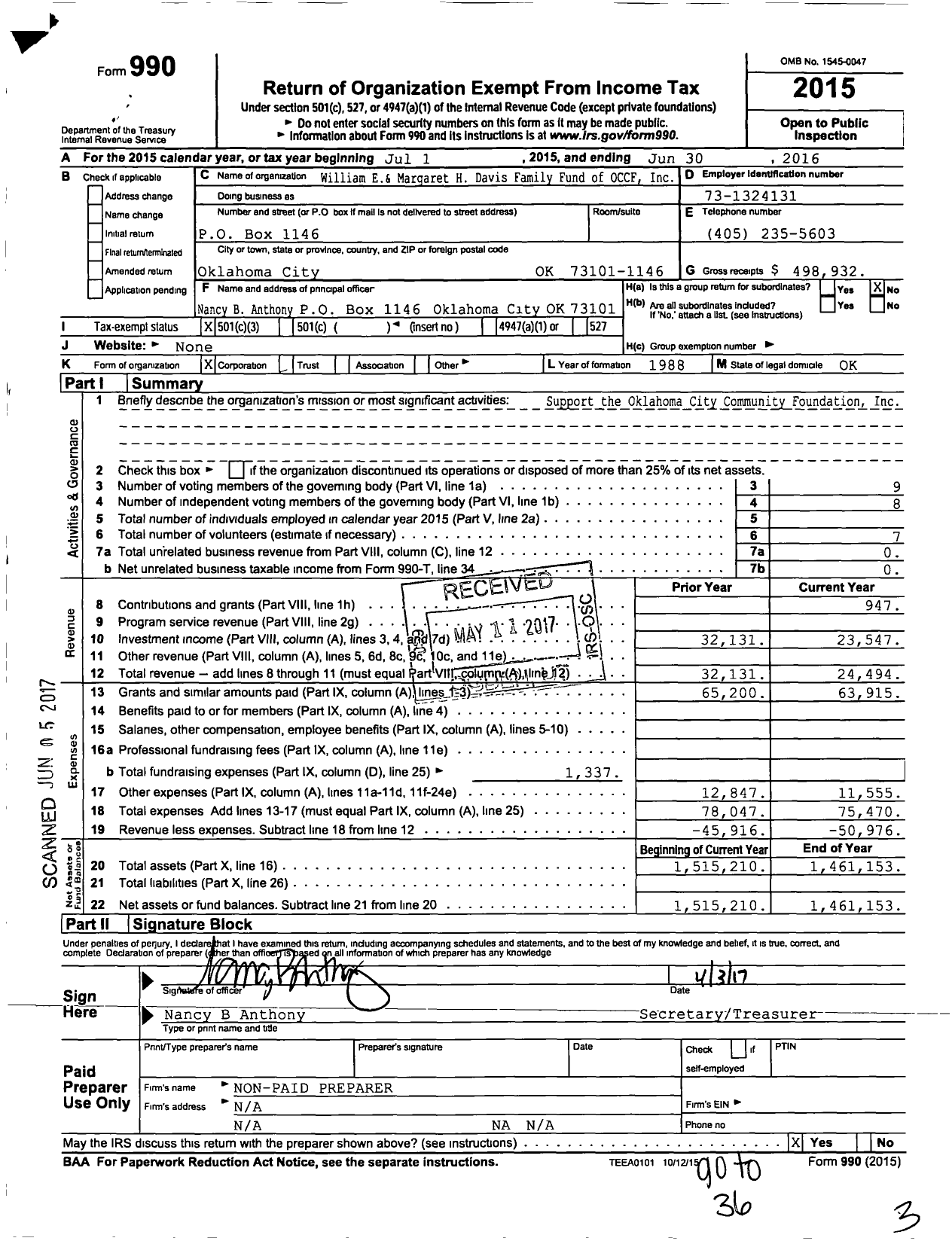 Image of first page of 2015 Form 990 for William E& Margaret H Davis Family Fund of OCCF