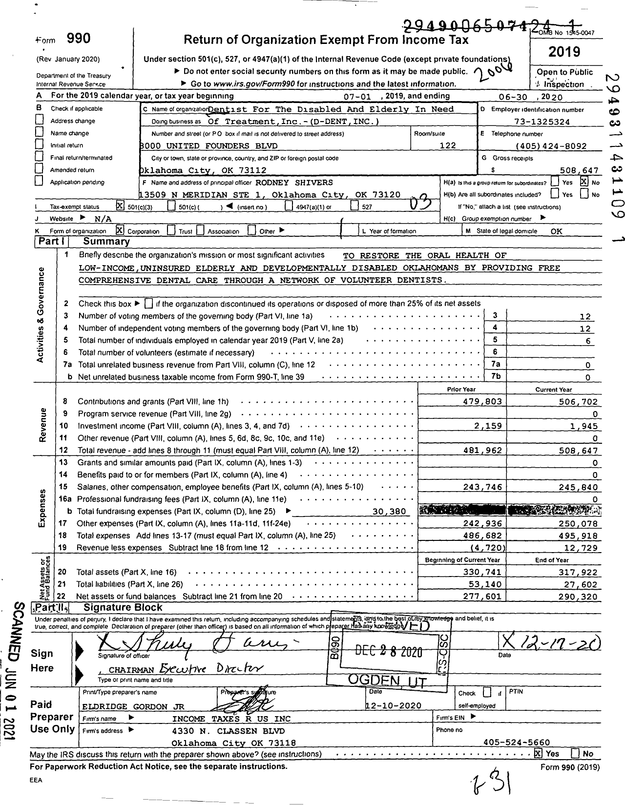 Image of first page of 2019 Form 990 for Dentist For The Disabled And Elderly In Need Of Treatment D-Dent