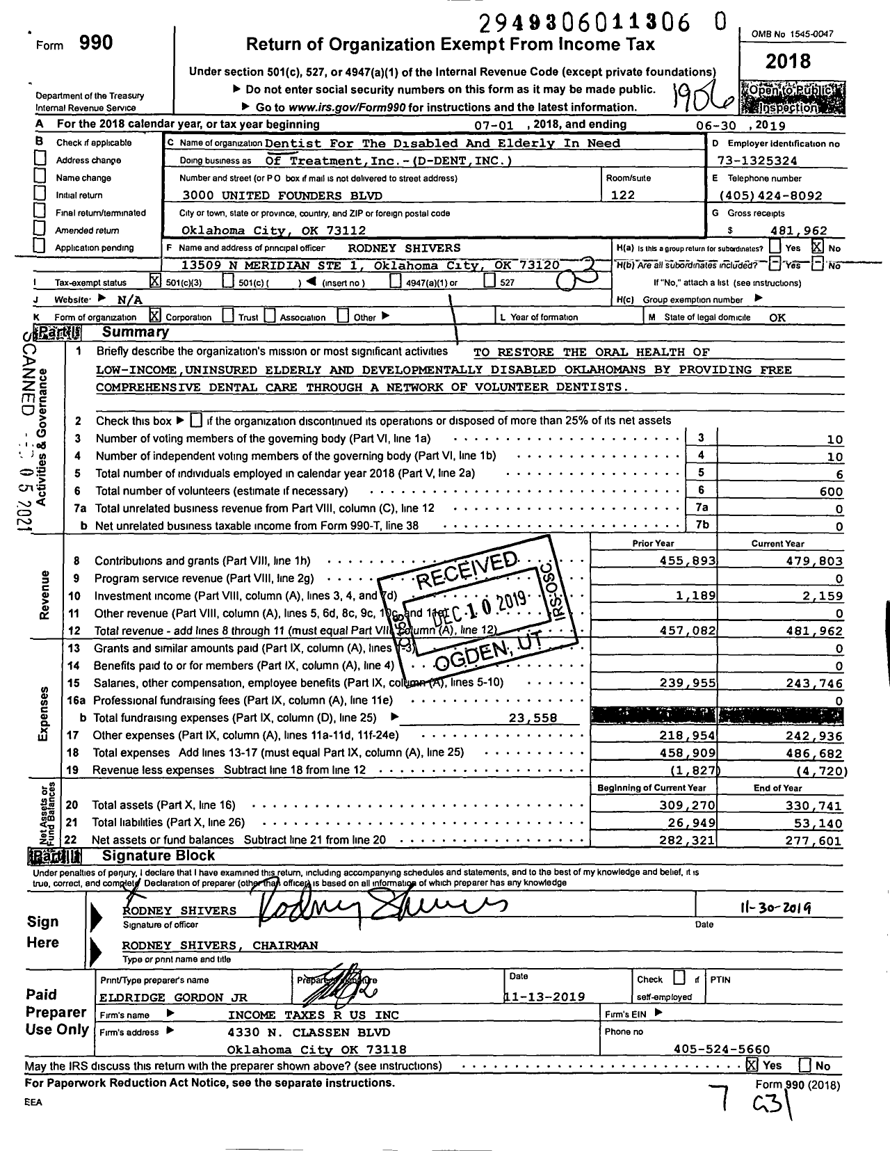 Image of first page of 2018 Form 990 for Dentist For The Disabled And Elderly In Need Of Treatment D-Dent