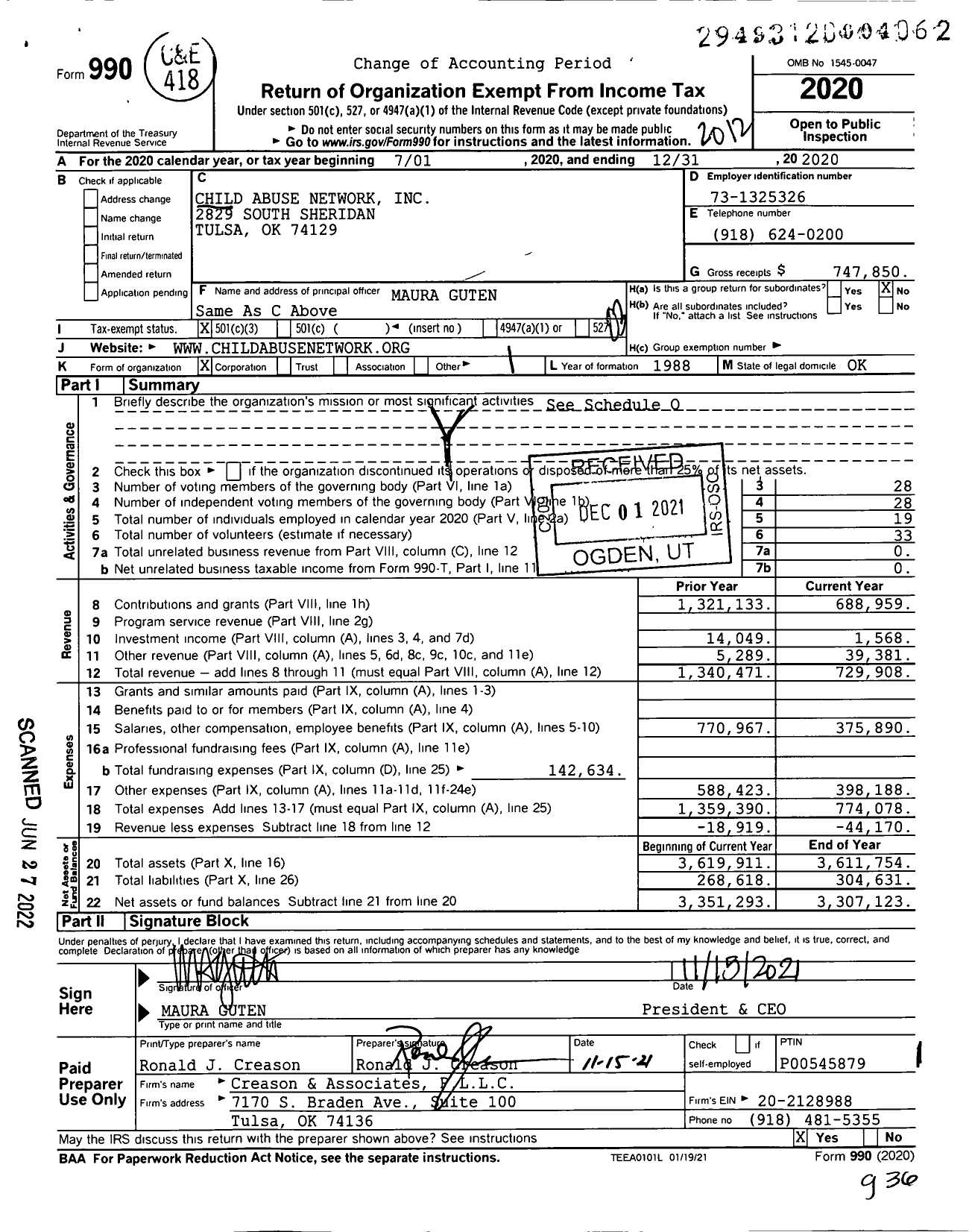 Image of first page of 2020 Form 990 for Child Advocacy Network