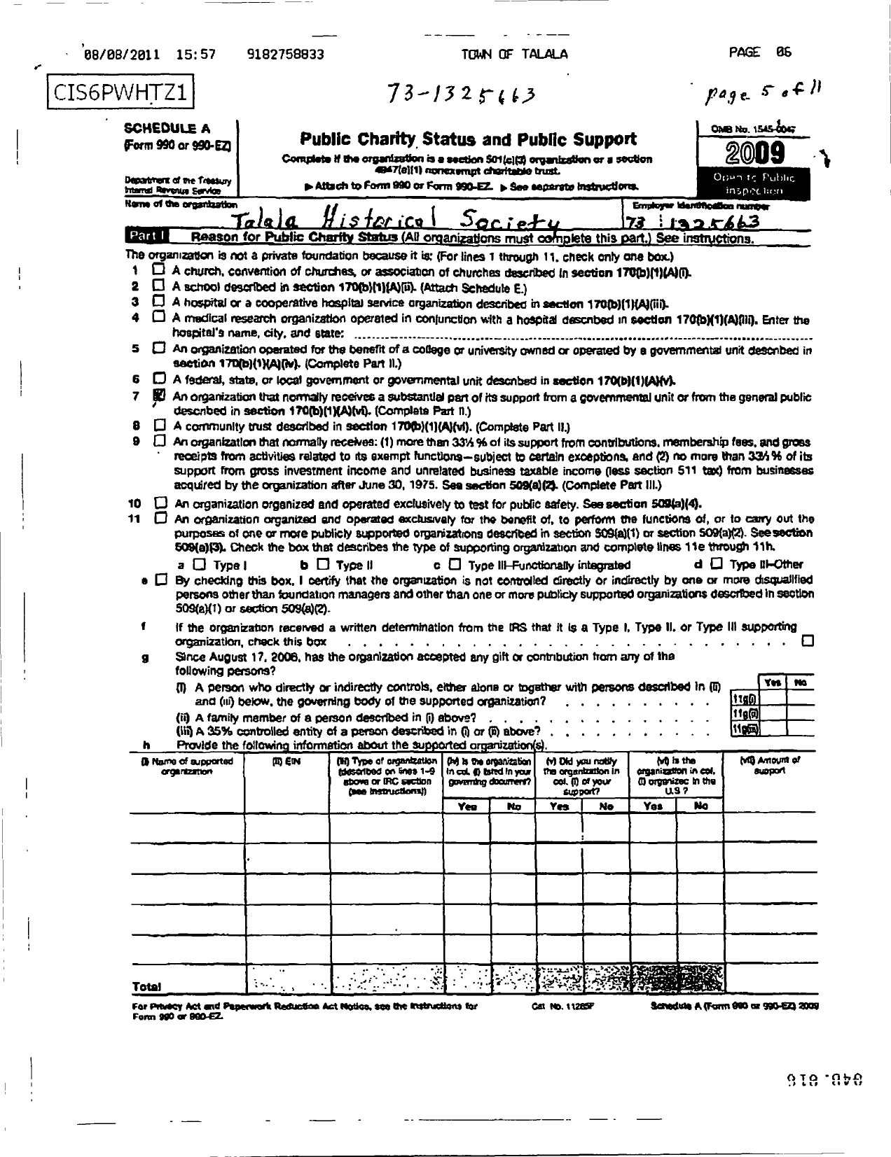 Image of first page of 2009 Form 990ER for Talala Historical Society