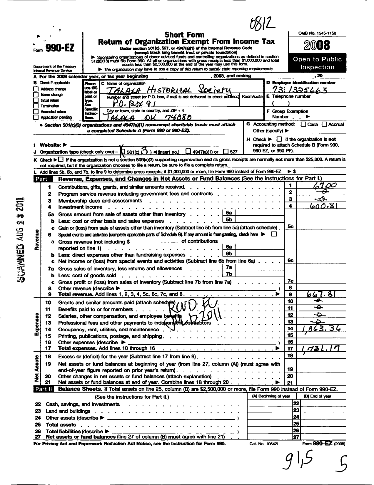 Image of first page of 2008 Form 990EZ for Talala Historical Society