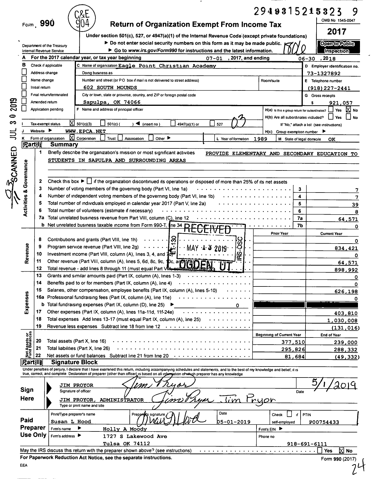 Image of first page of 2017 Form 990 for Eagle Point Christian Academy