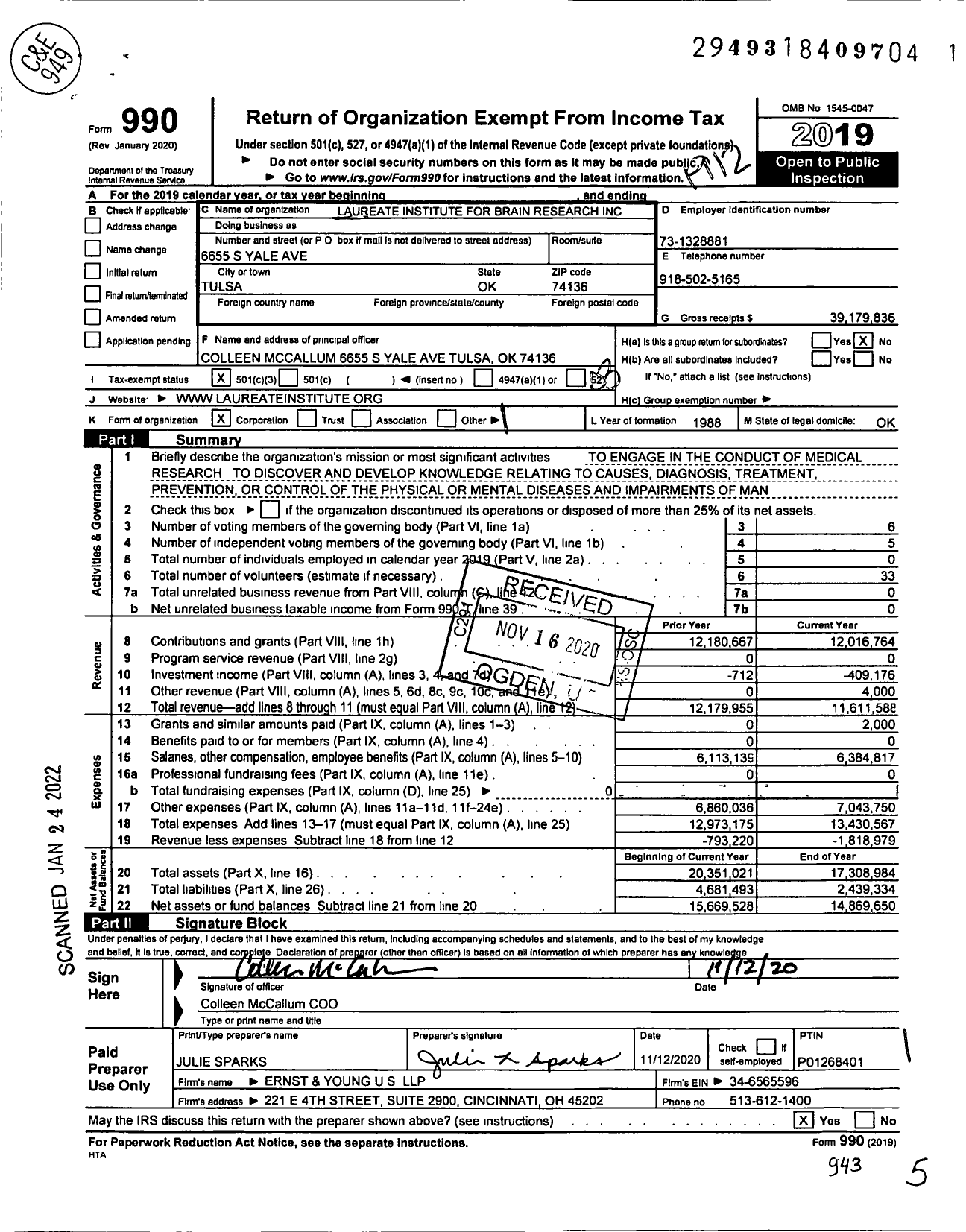 Image of first page of 2019 Form 990 for Laureate Institute for Brain Research