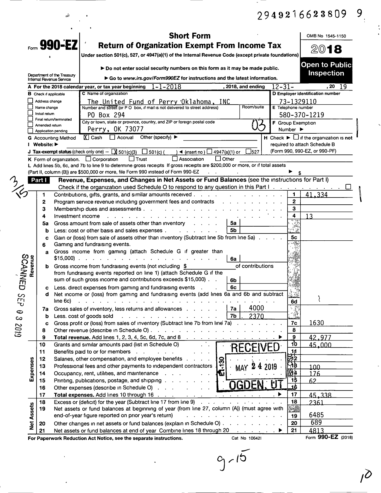 Image of first page of 2019 Form 990EZ for The United Fund of Perry Oklahoma Incorporated