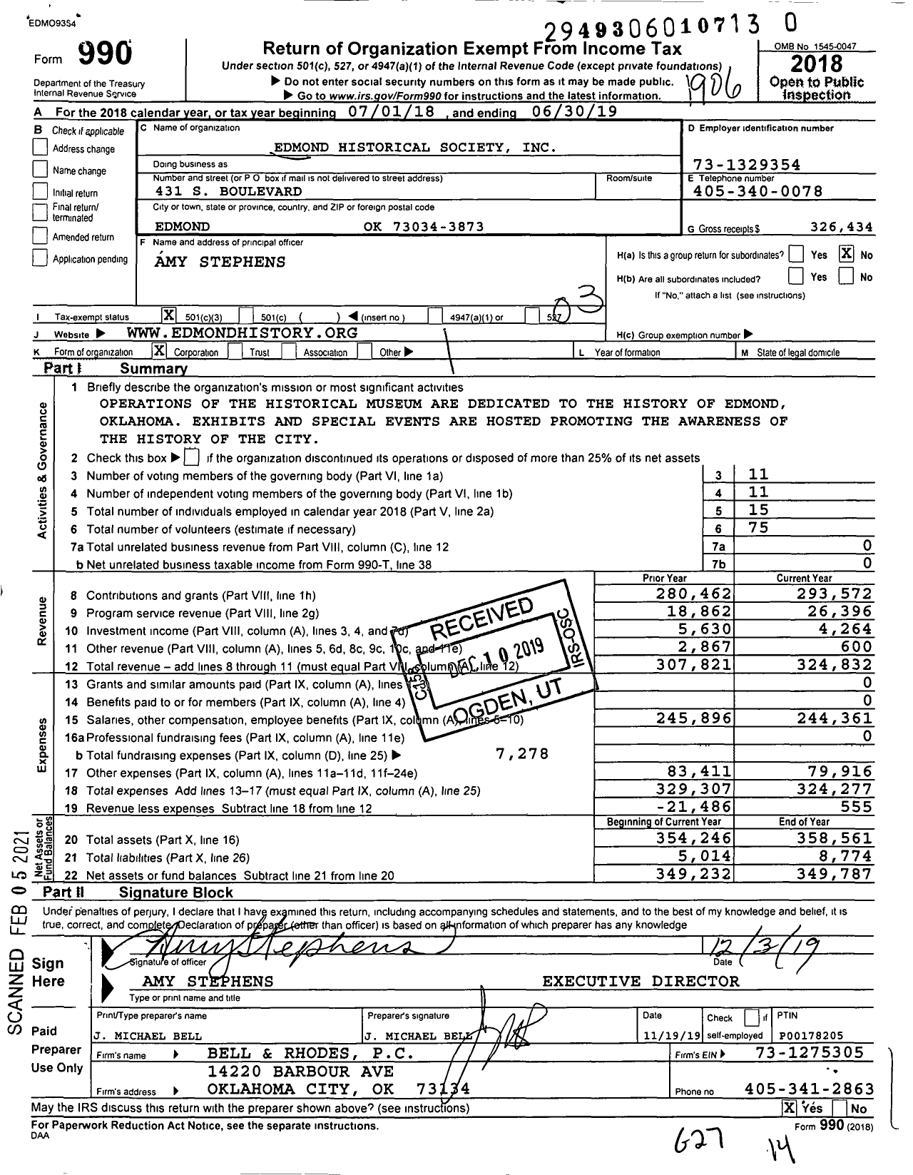 Image of first page of 2018 Form 990 for Edmond Historical Society