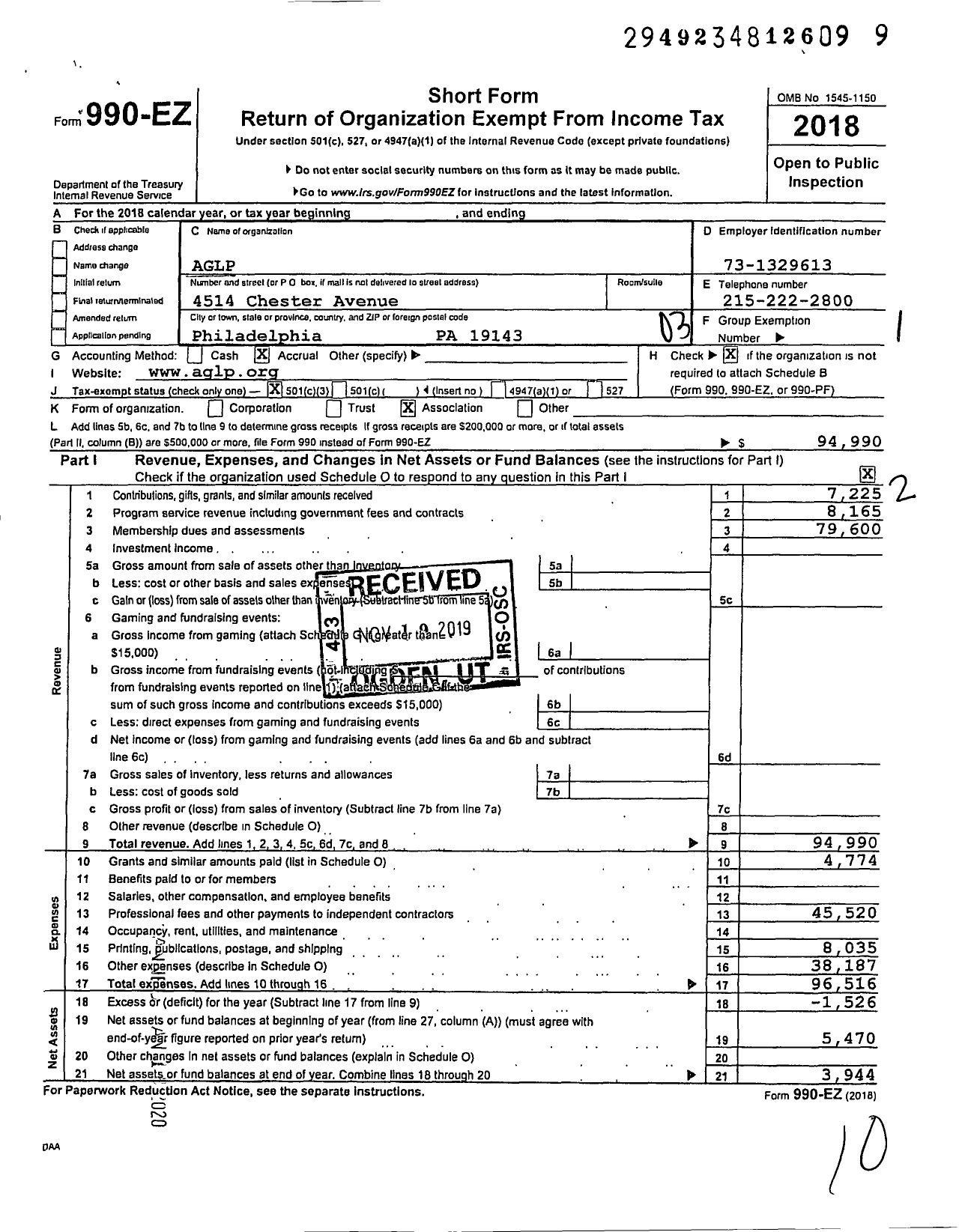 Image of first page of 2018 Form 990EZ for Association of Gay and Lesbian Psychiatrists