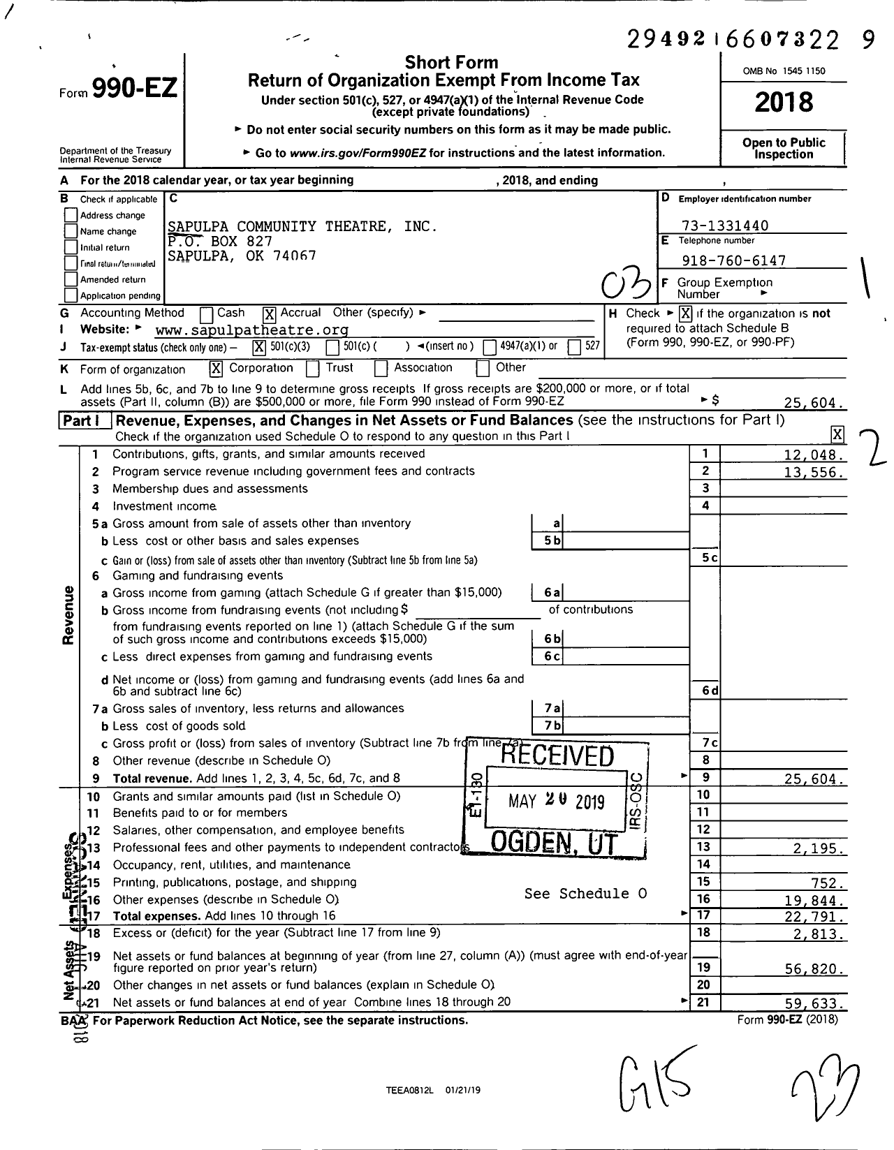 Image of first page of 2018 Form 990EZ for Sapulpa Community Theatre