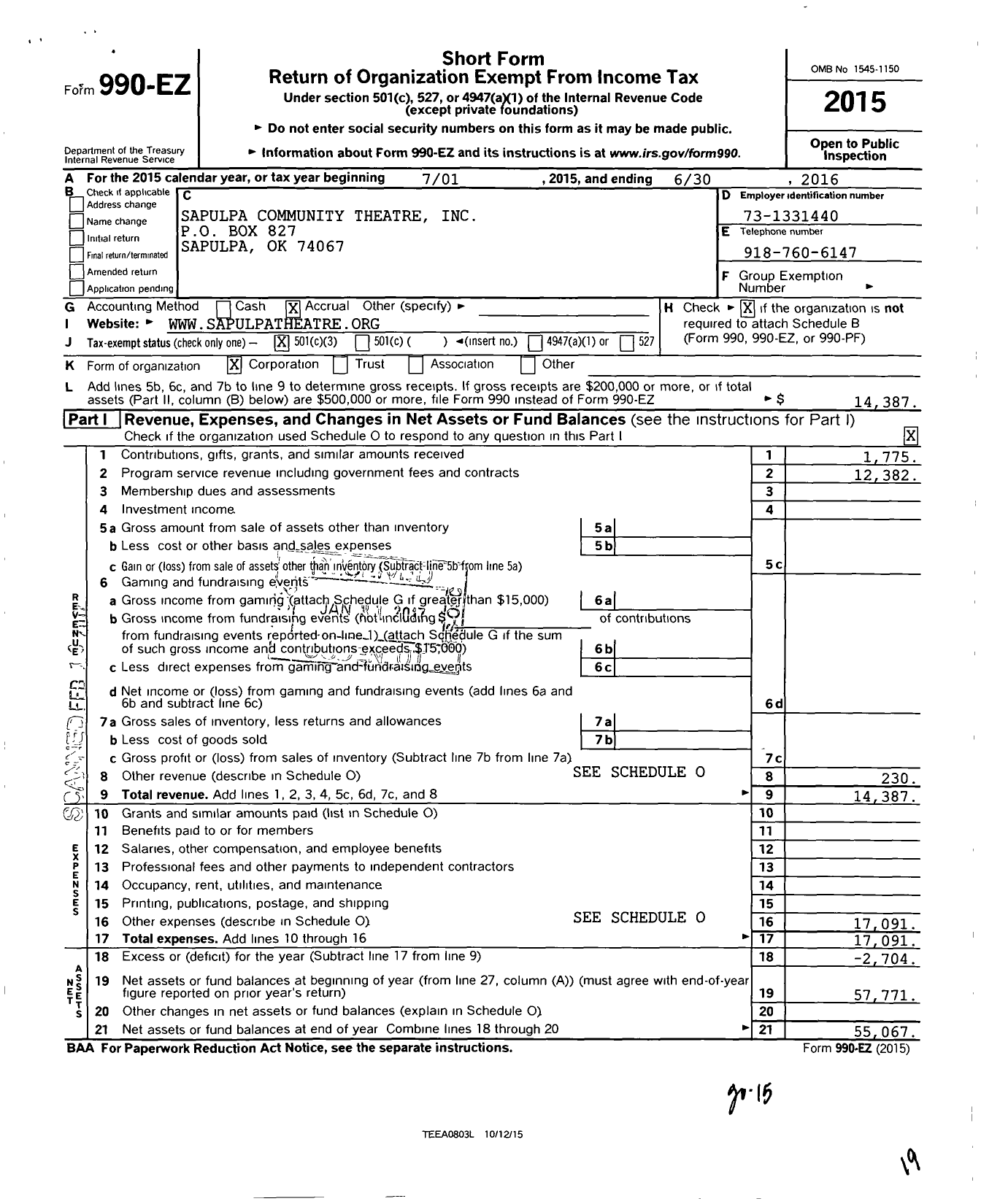 Image of first page of 2015 Form 990EZ for Sapulpa Community Theatre