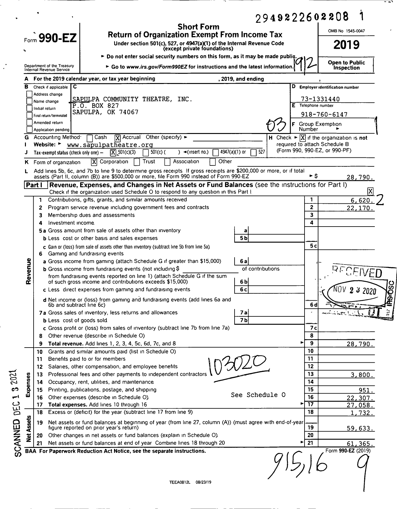 Image of first page of 2019 Form 990EZ for Sapulpa Community Theatre