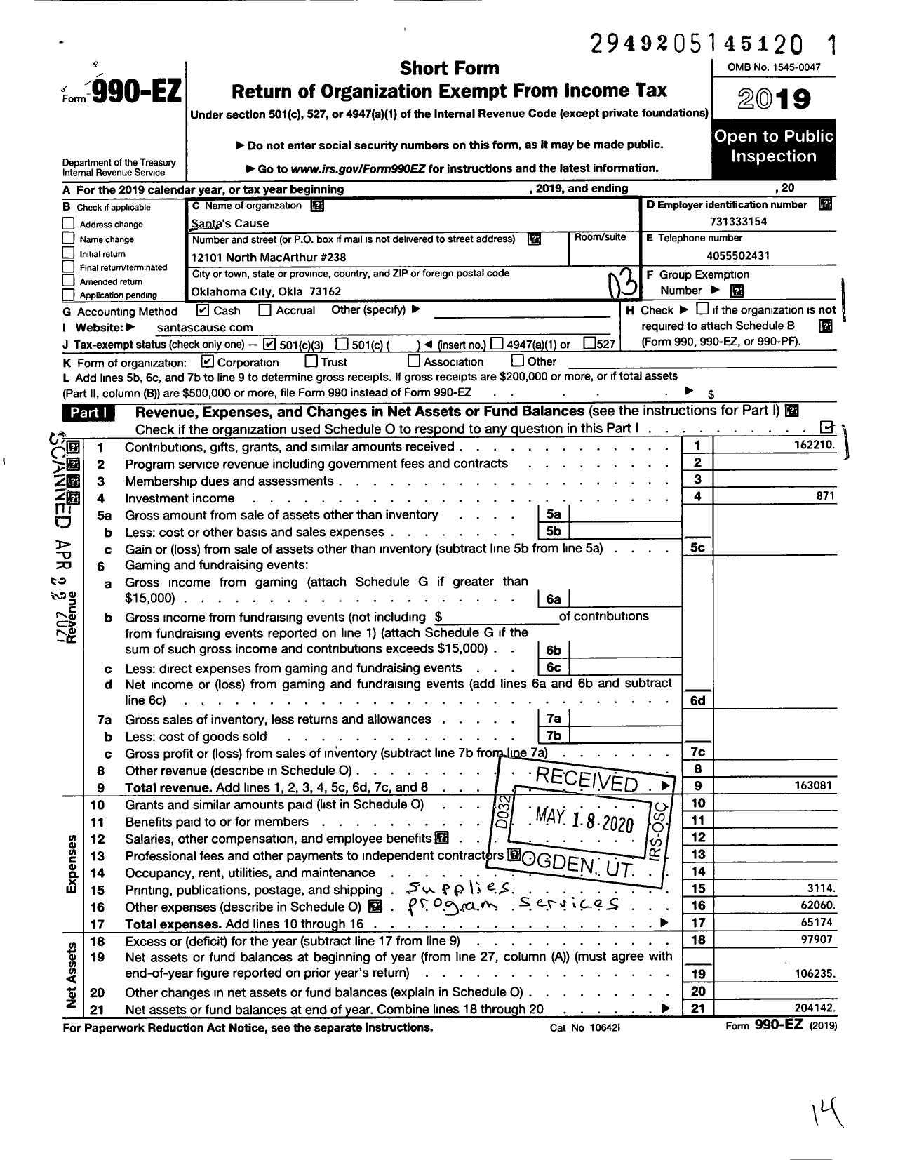 Image of first page of 2019 Form 990EZ for Santas Cause