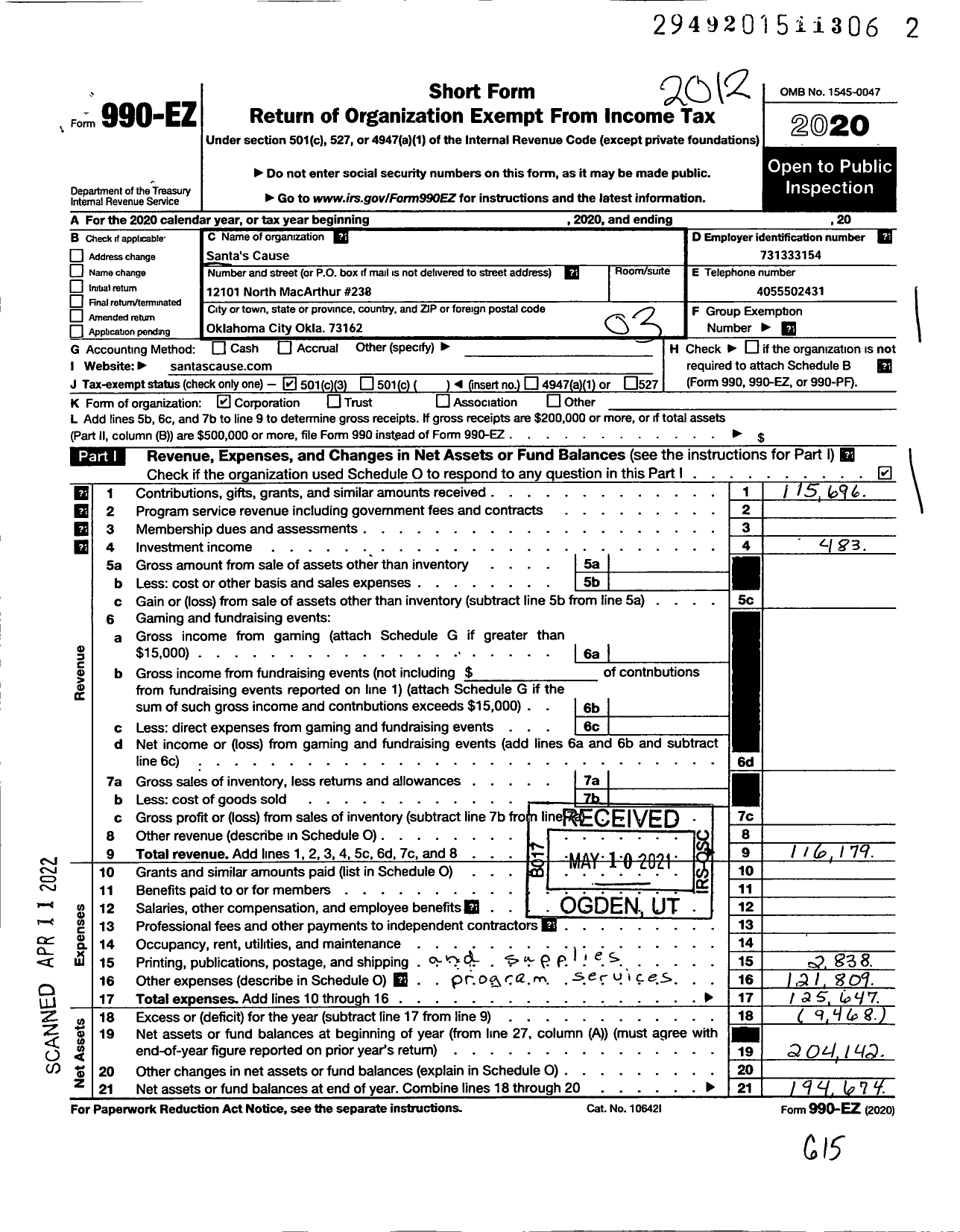 Image of first page of 2020 Form 990EZ for Santas Cause