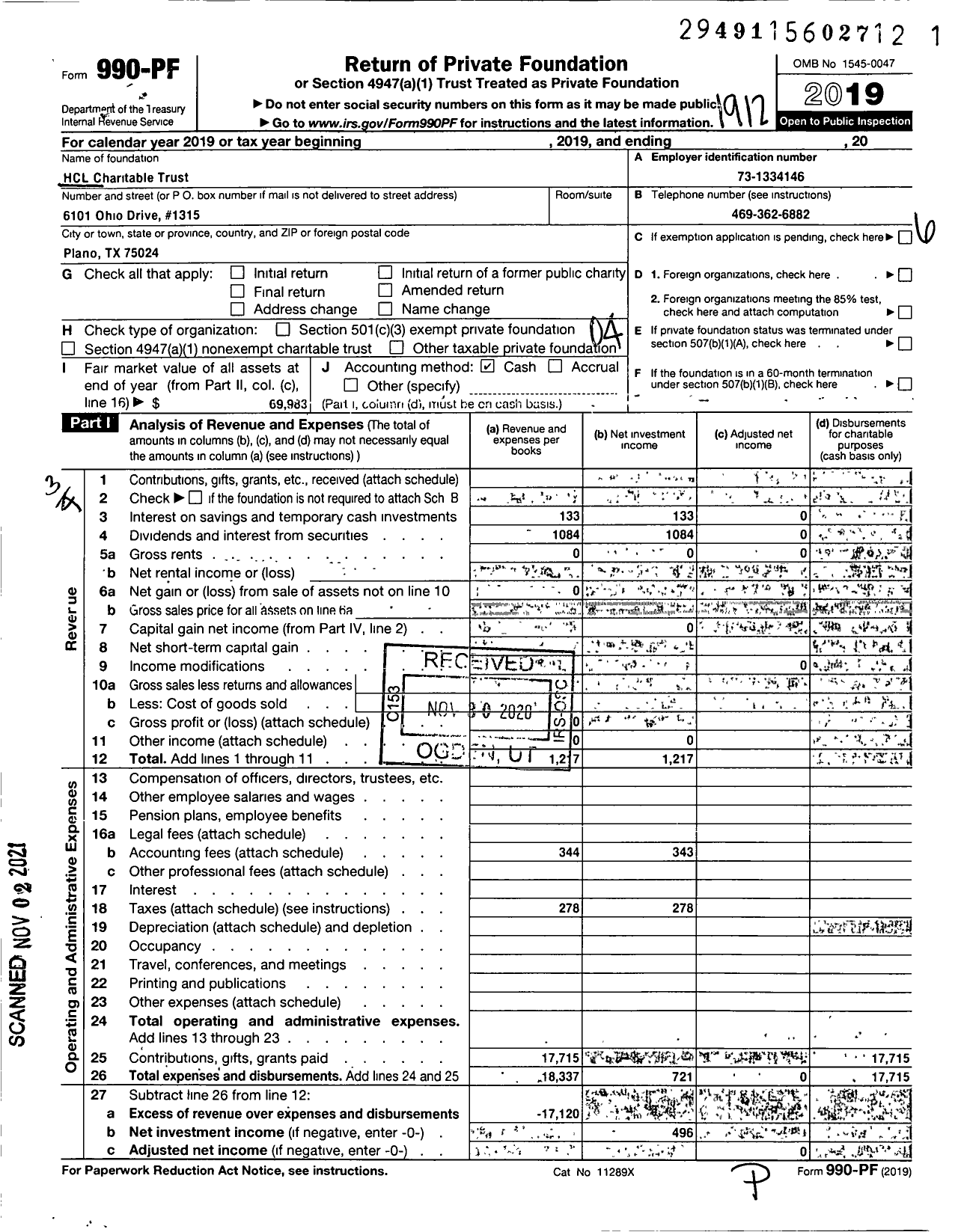 Image of first page of 2019 Form 990PF for HCL Charitable Trust