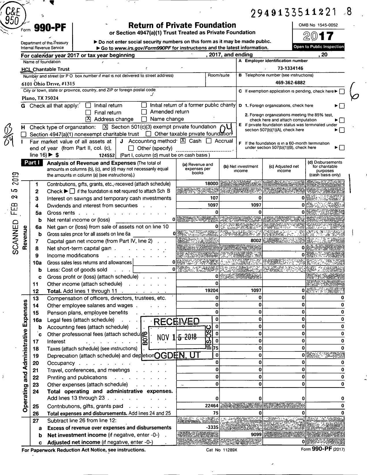 Image of first page of 2017 Form 990PF for HCL Charitable Trust