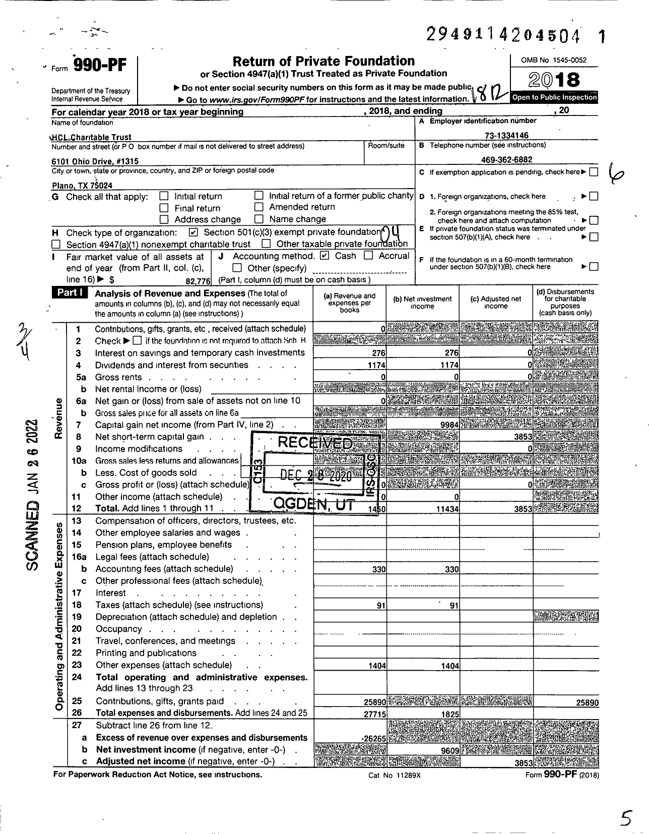 Image of first page of 2018 Form 990PF for HCL Charitable Trust