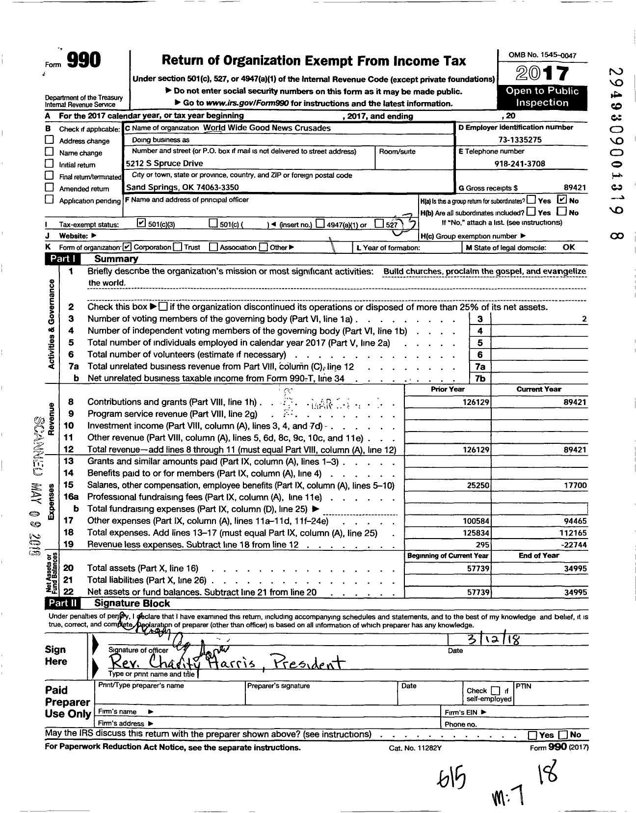 Image of first page of 2017 Form 990 for World Wide Good News Crusades