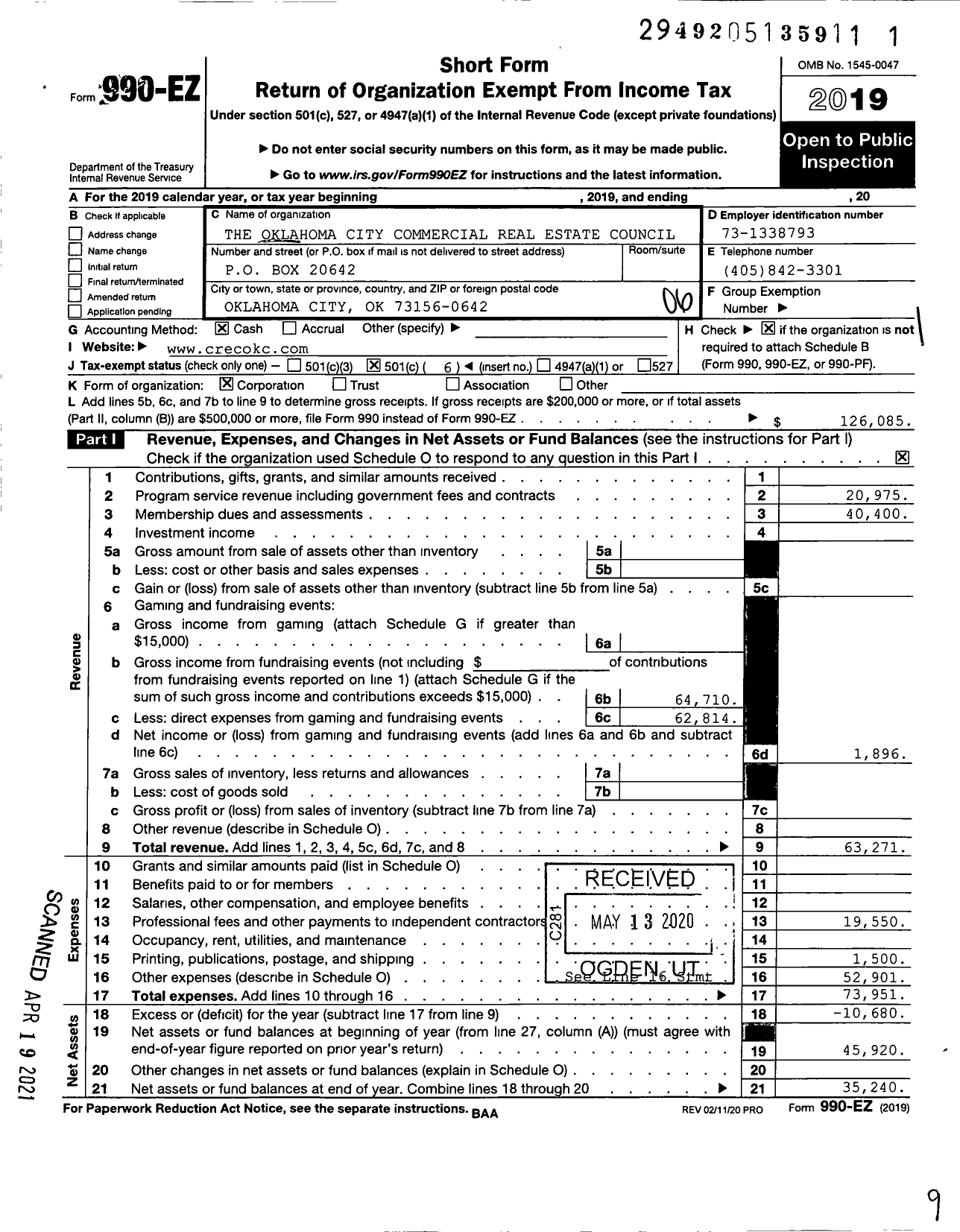 Image of first page of 2019 Form 990EO for The Oklahoma City Commercial Real Estate Council