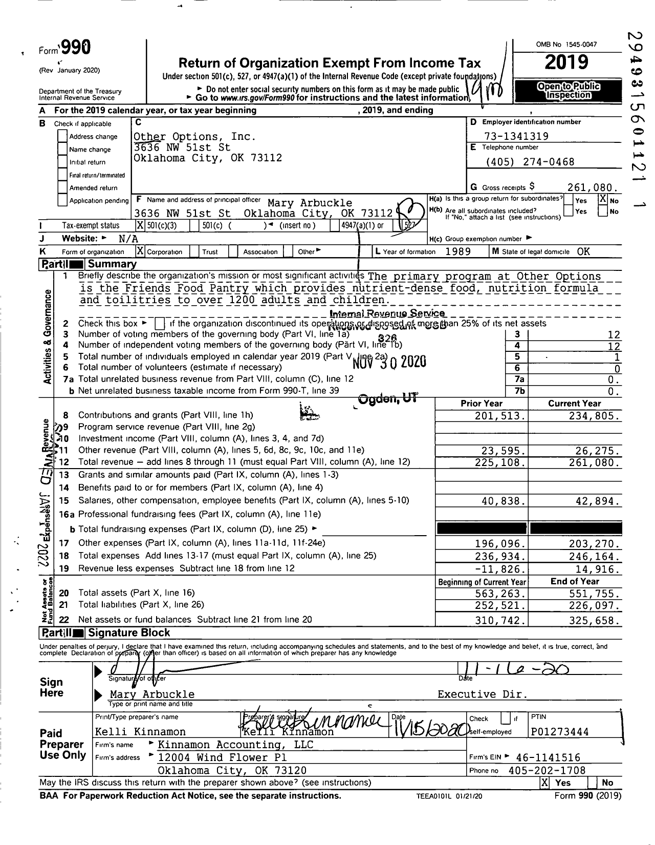 Image of first page of 2019 Form 990 for Other Options