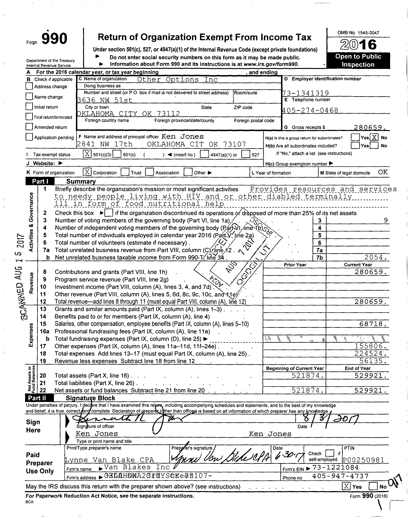 Image of first page of 2016 Form 990 for Other Options