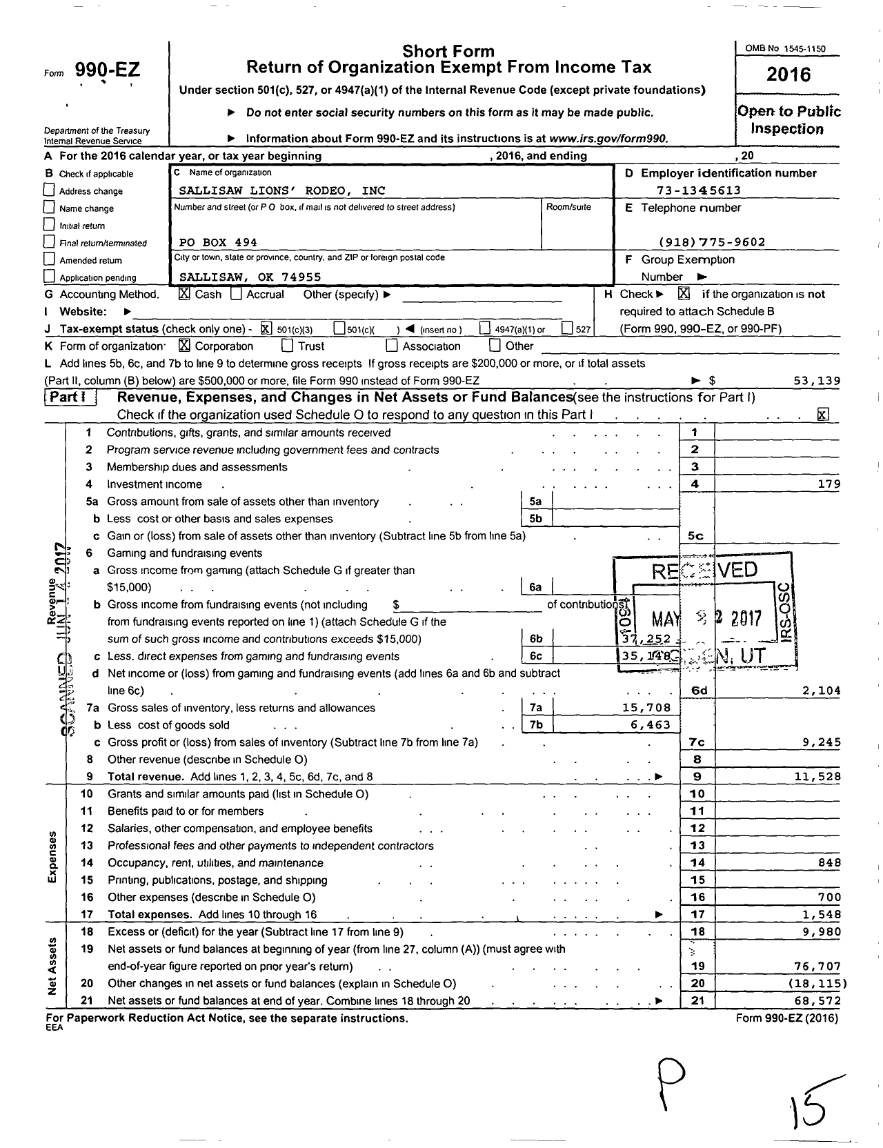 Image of first page of 2016 Form 990EZ for Sallisaw Lions Rodeo