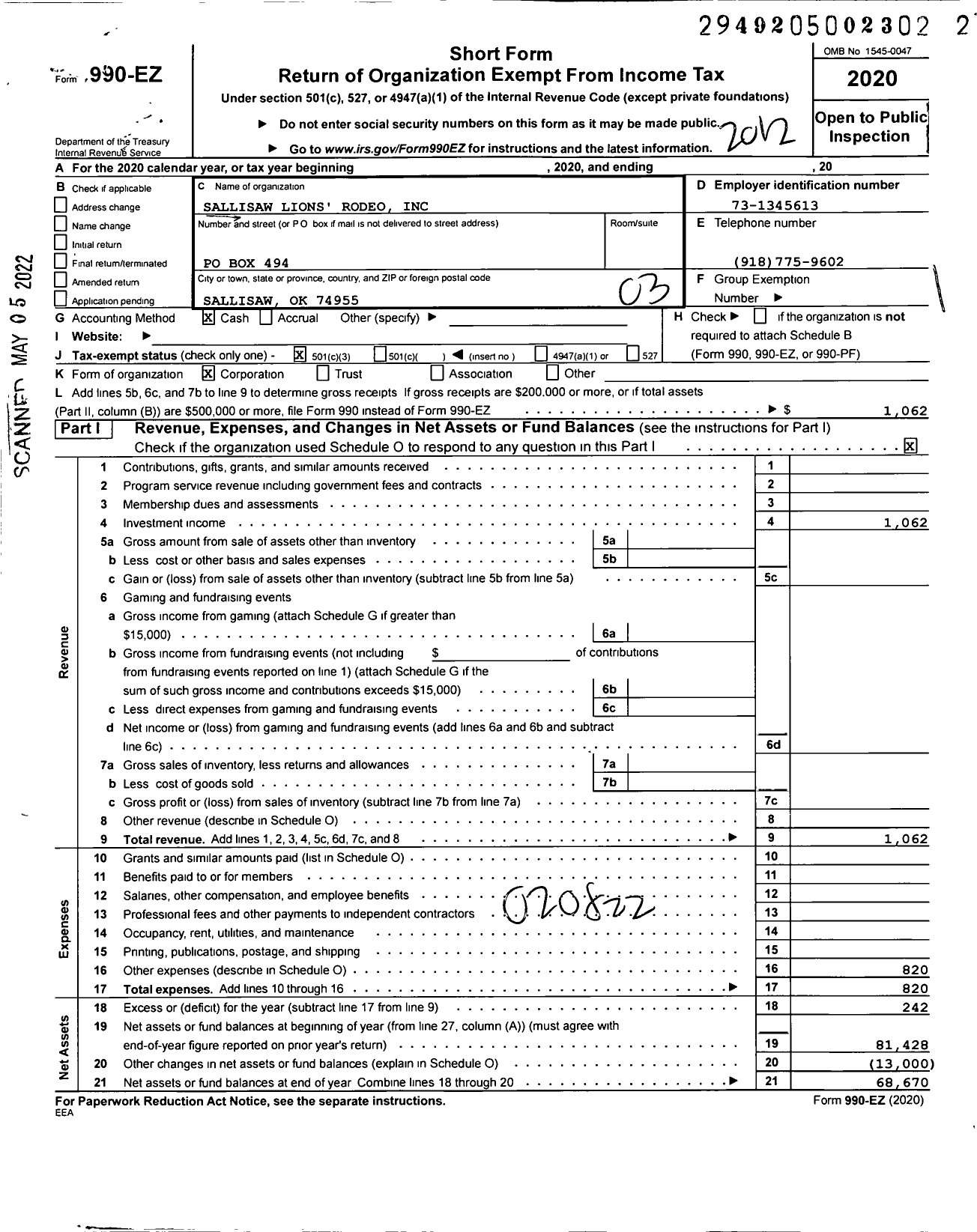 Image of first page of 2020 Form 990EZ for Sallisaw Lions Rodeo