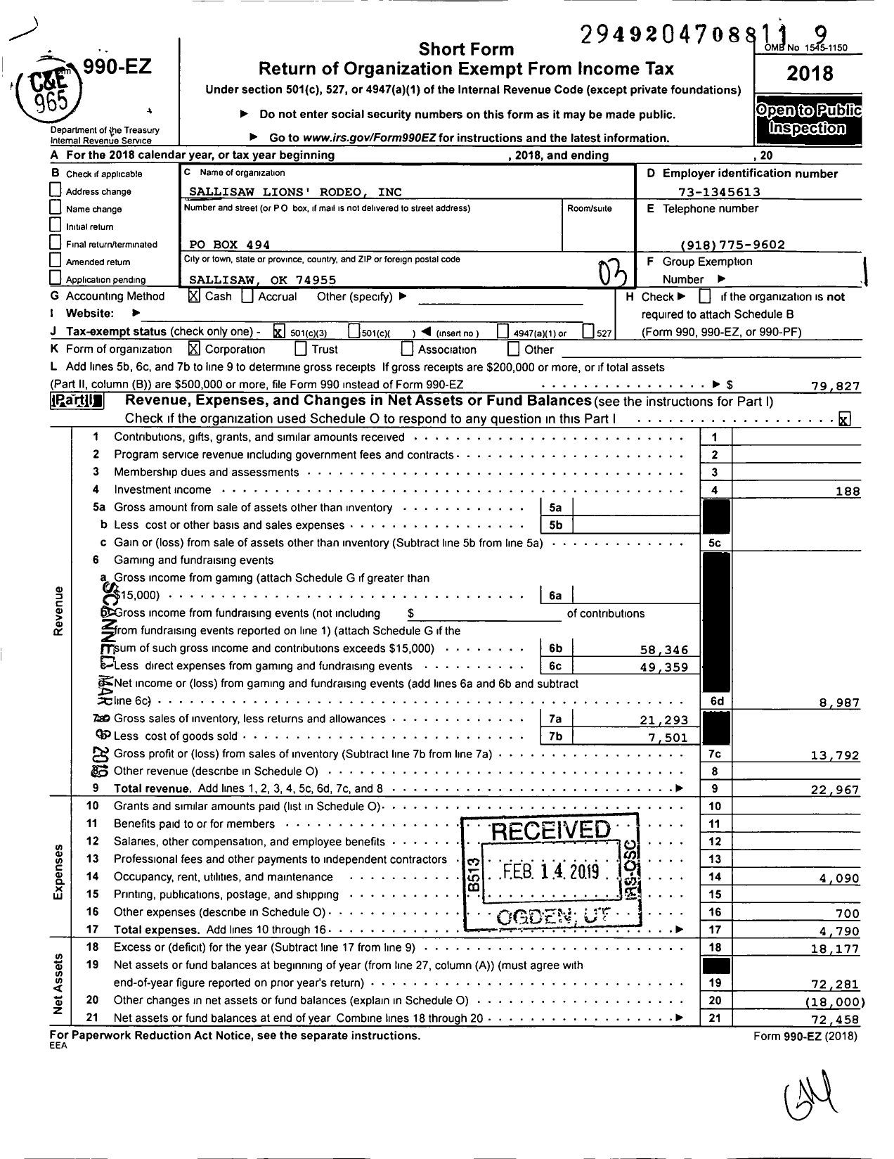 Image of first page of 2018 Form 990EZ for Sallisaw Lions Rodeo