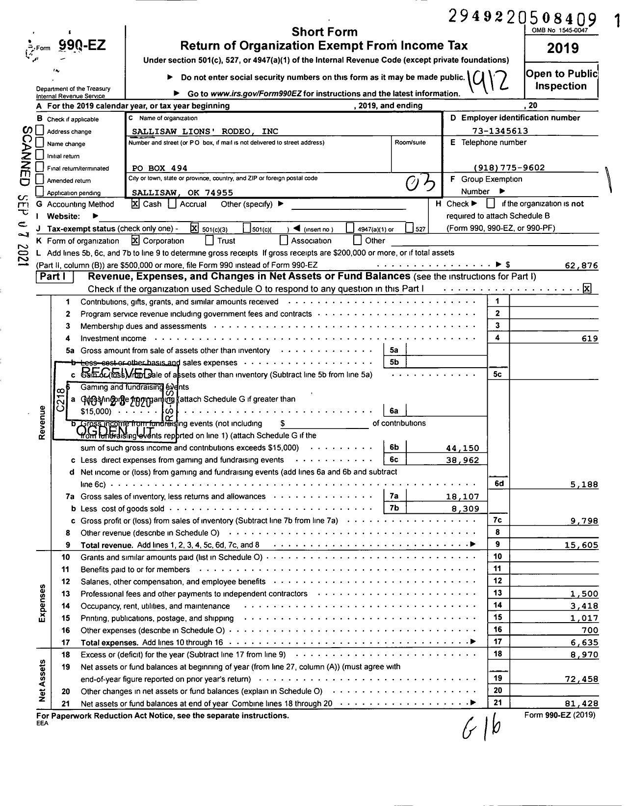 Image of first page of 2019 Form 990EZ for Sallisaw Lions Rodeo