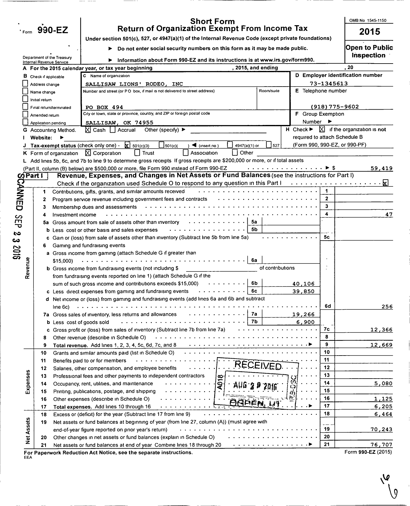 Image of first page of 2015 Form 990EZ for Sallisaw Lions Rodeo