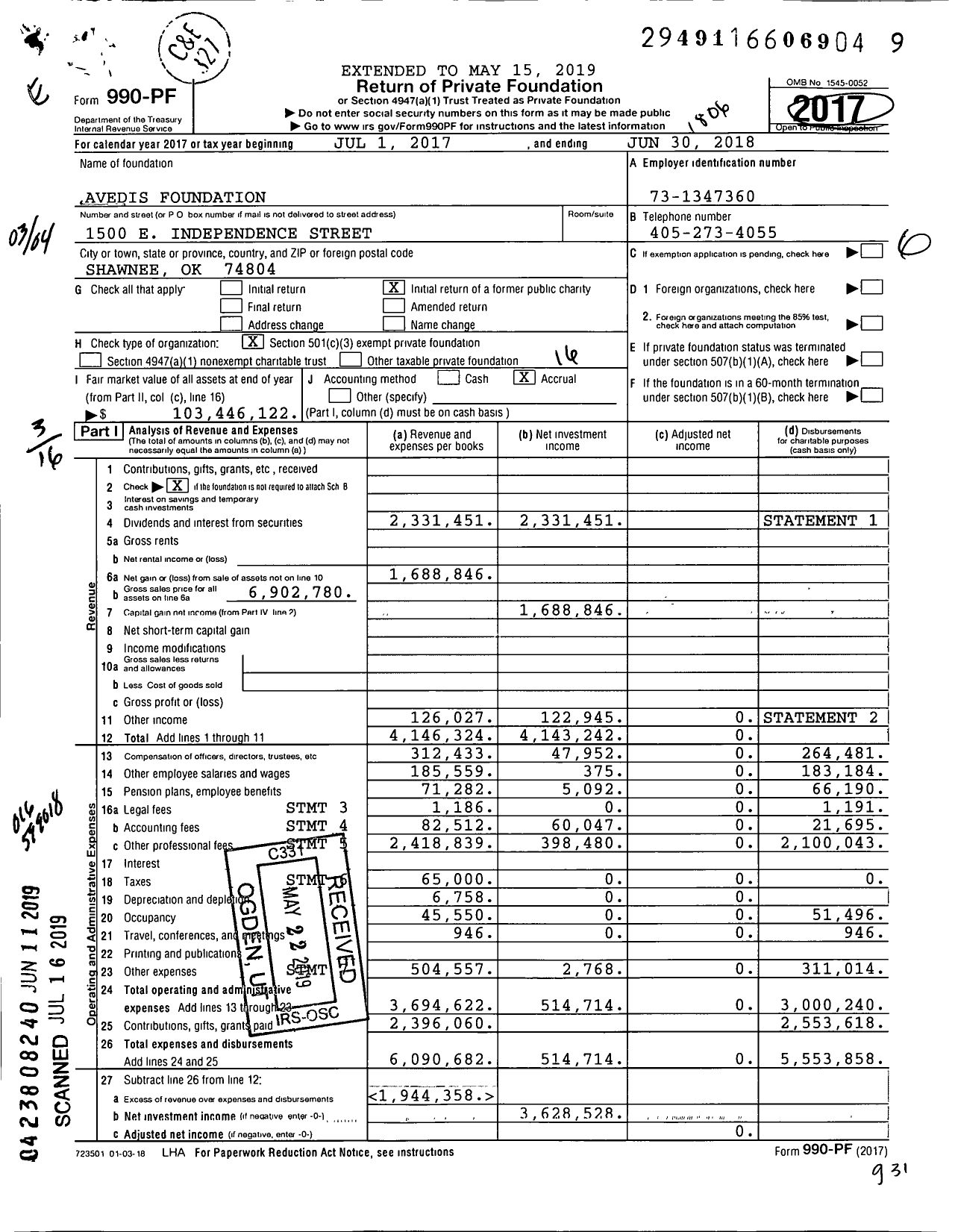 Image of first page of 2017 Form 990PF for Avedis Foundation