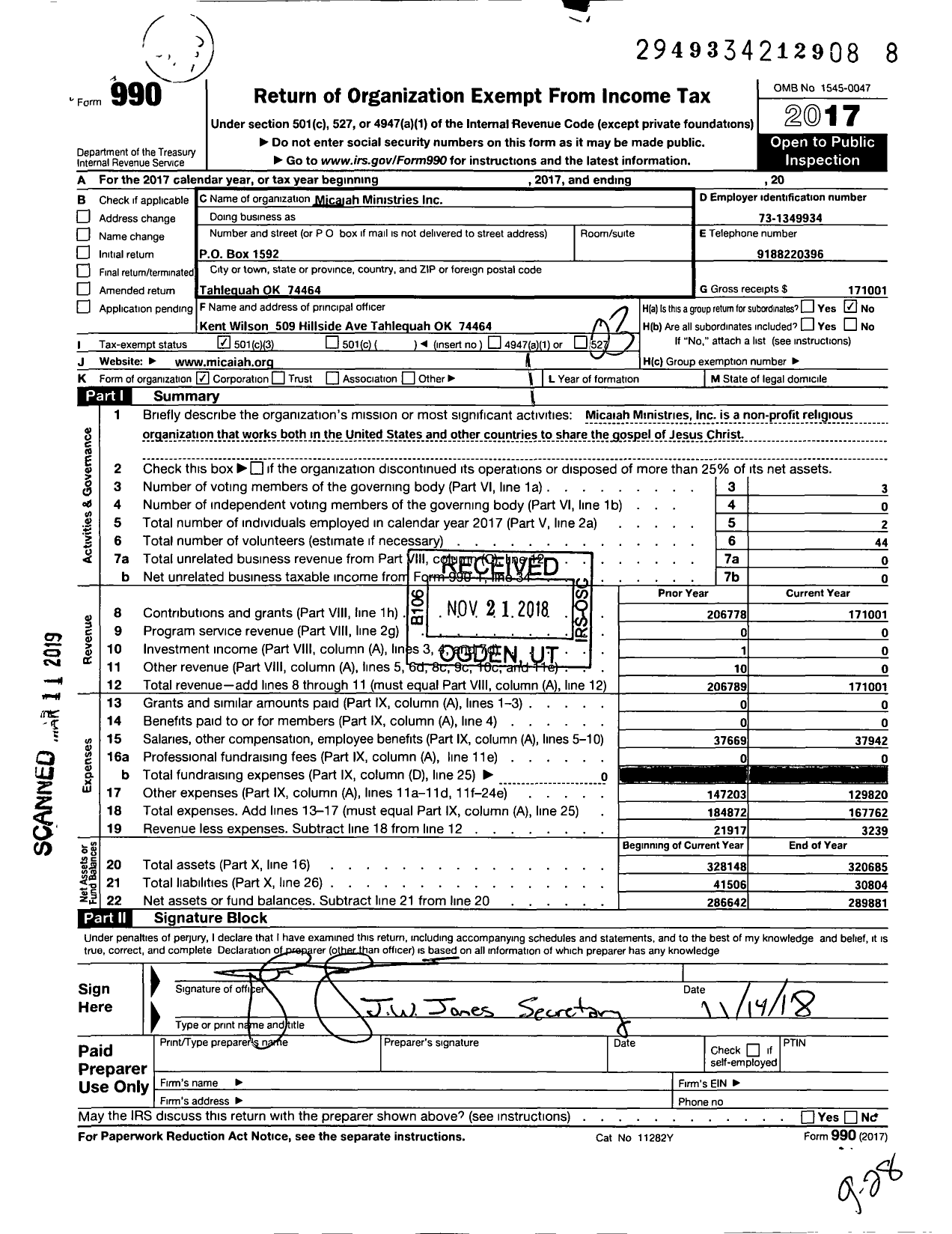 Image of first page of 2017 Form 990 for Micaiah Ministries