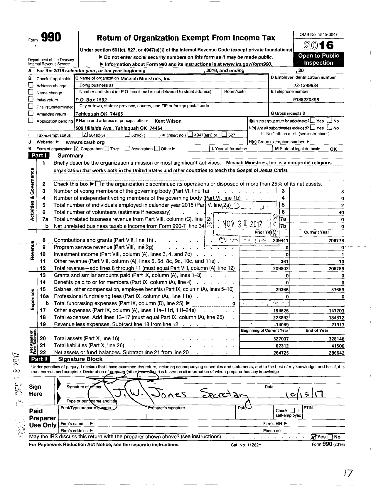 Image of first page of 2016 Form 990 for Micaiah Ministries