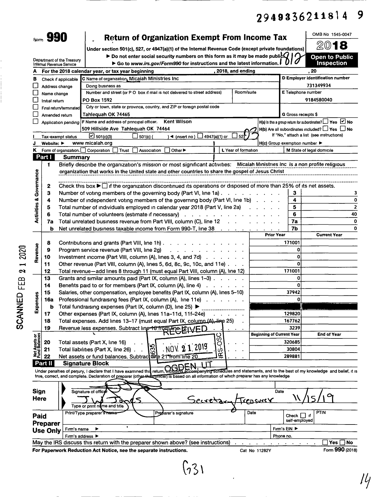 Image of first page of 2018 Form 990 for Micaiah Ministries