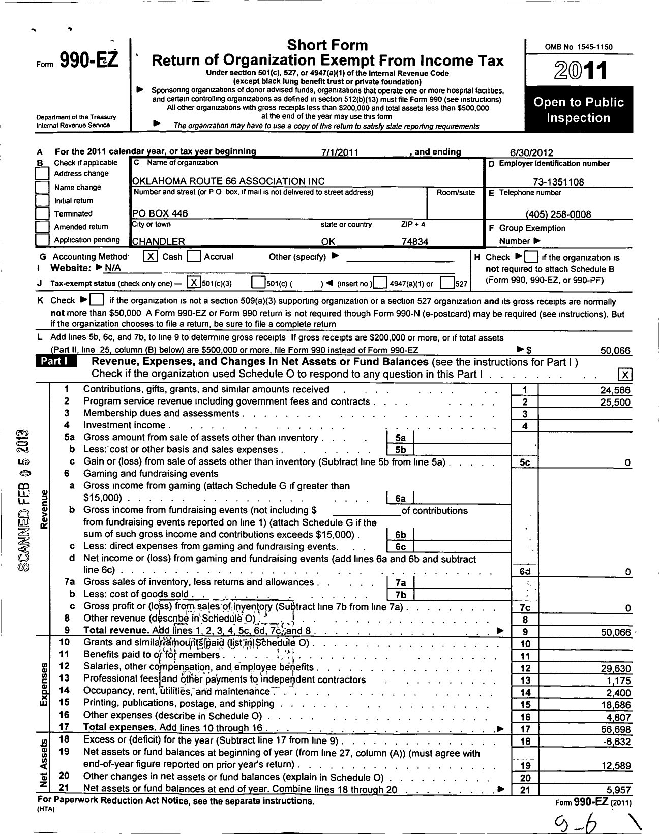 Image of first page of 2011 Form 990EZ for Oklahoma Route 66 Association