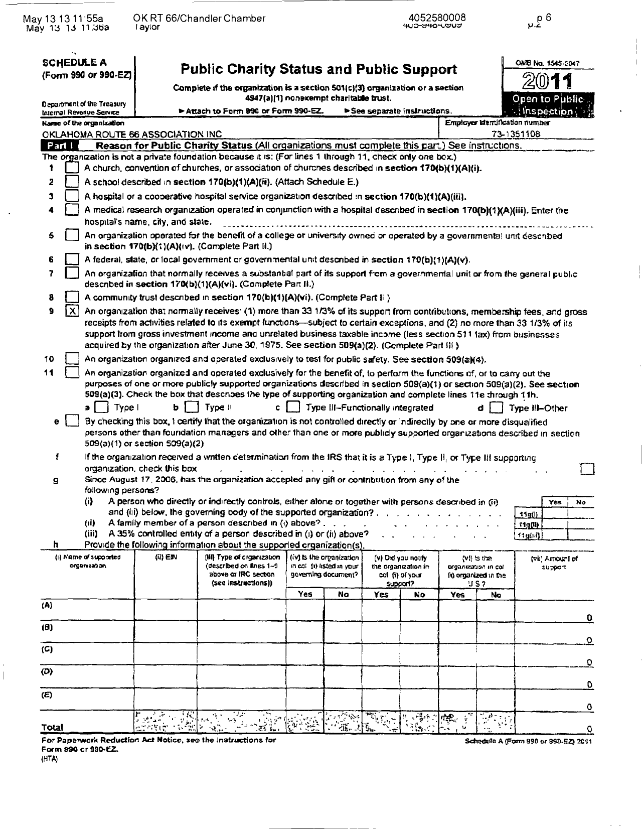 Image of first page of 2011 Form 990ER for Oklahoma Route 66 Association