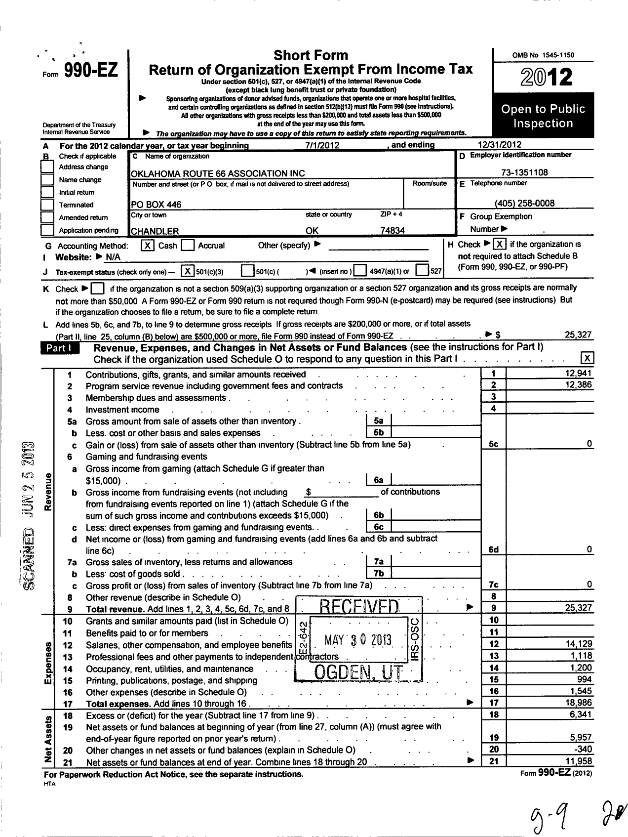 Image of first page of 2012 Form 990EZ for Oklahoma Route 66 Association