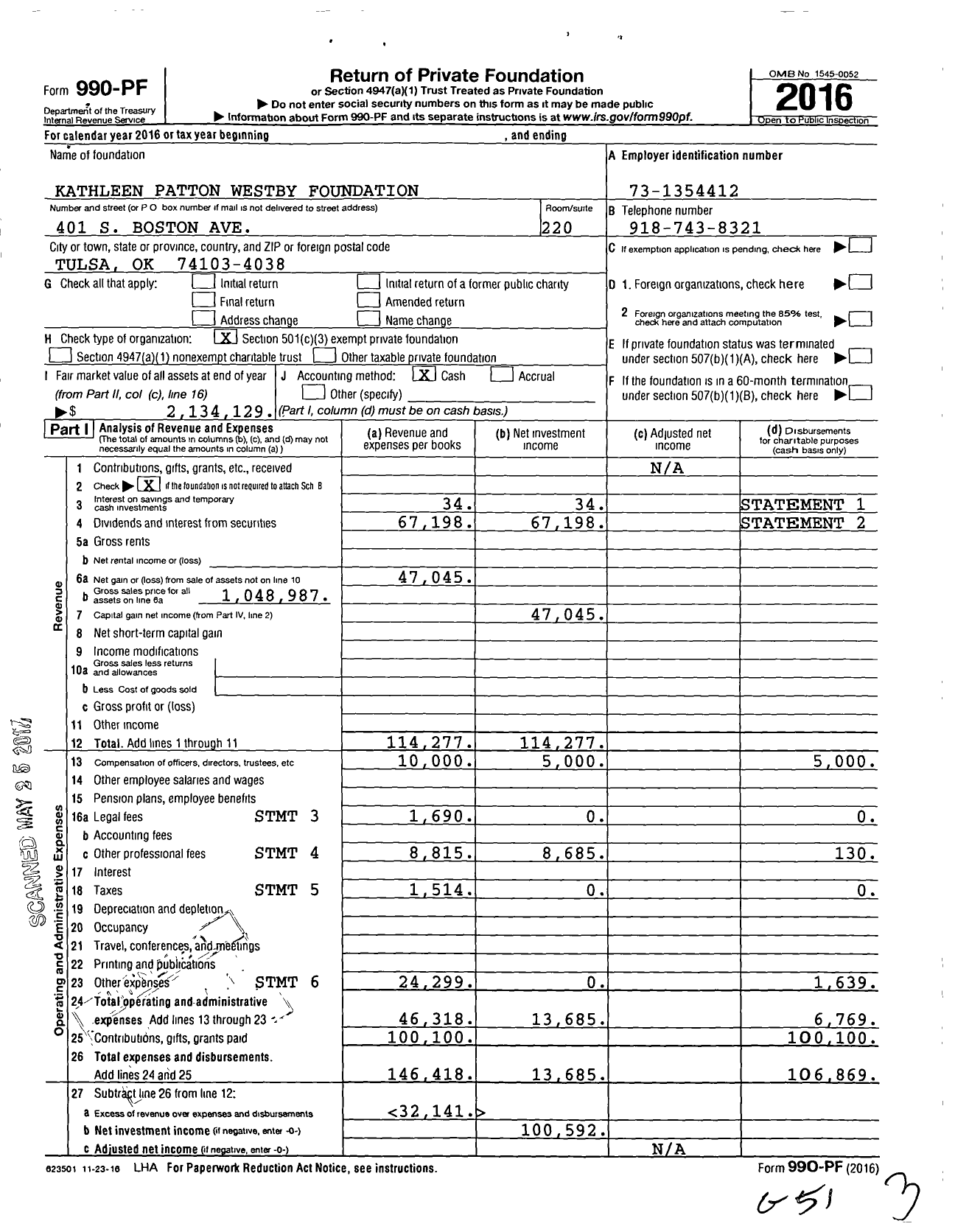 Image of first page of 2016 Form 990PF for Kathleen Patton Westby Foundation