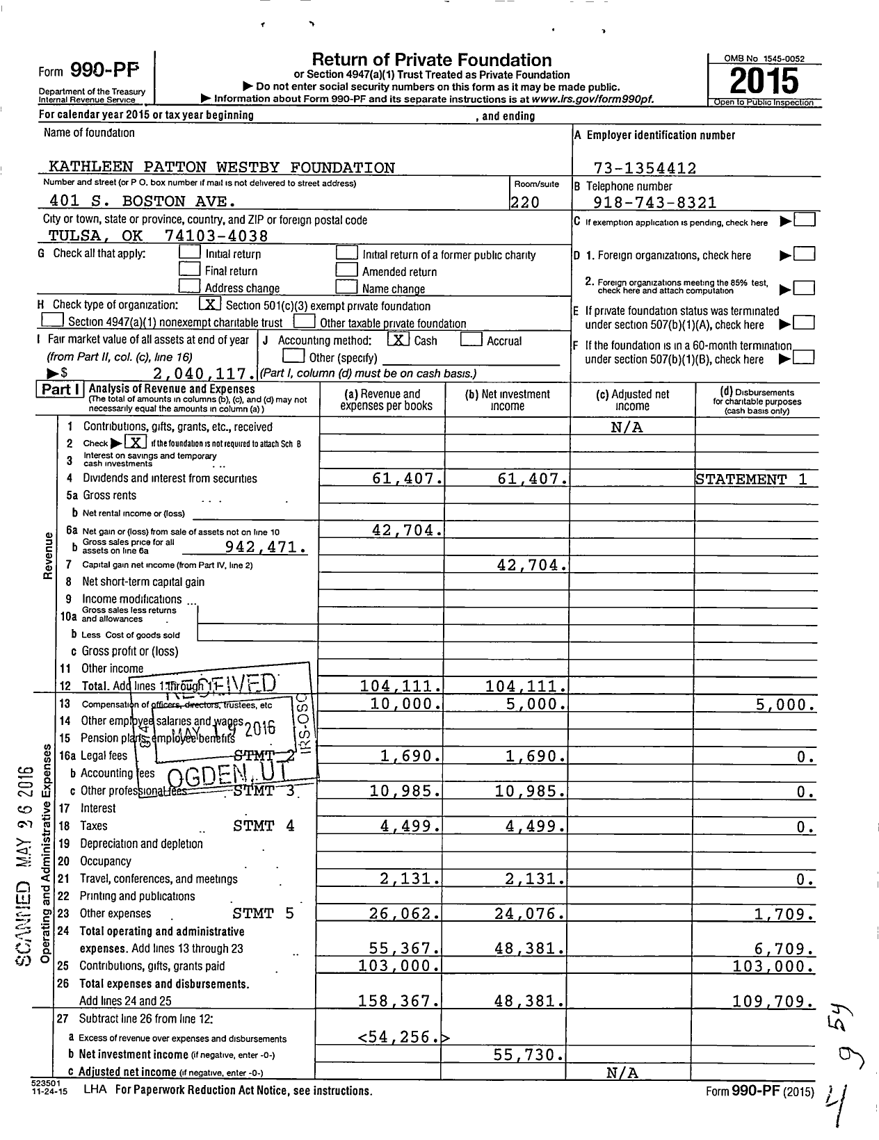 Image of first page of 2015 Form 990PF for Kathleen Patton Westby Foundation