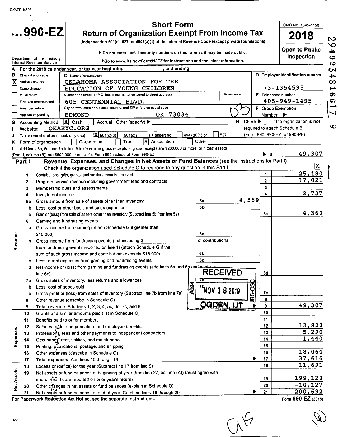 Image of first page of 2018 Form 990EZ for Oklahoma Association for the Education of Young Children