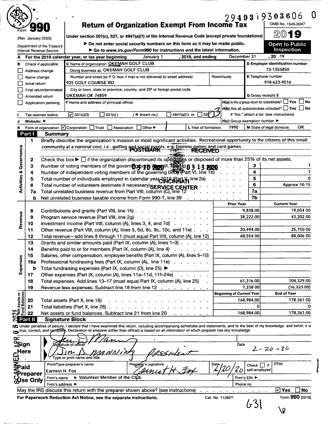 Image of first page of 2019 Form 990 for Okemah Golf Club Incorporated