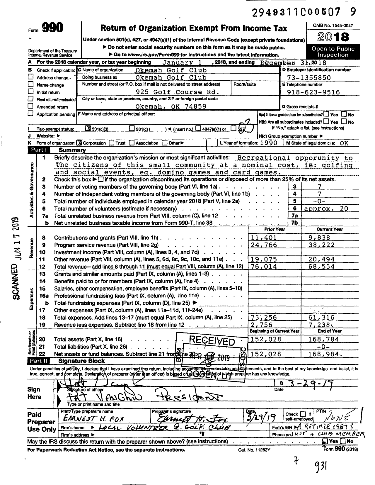 Image of first page of 2018 Form 990 for Okemah Golf Club Incorporated